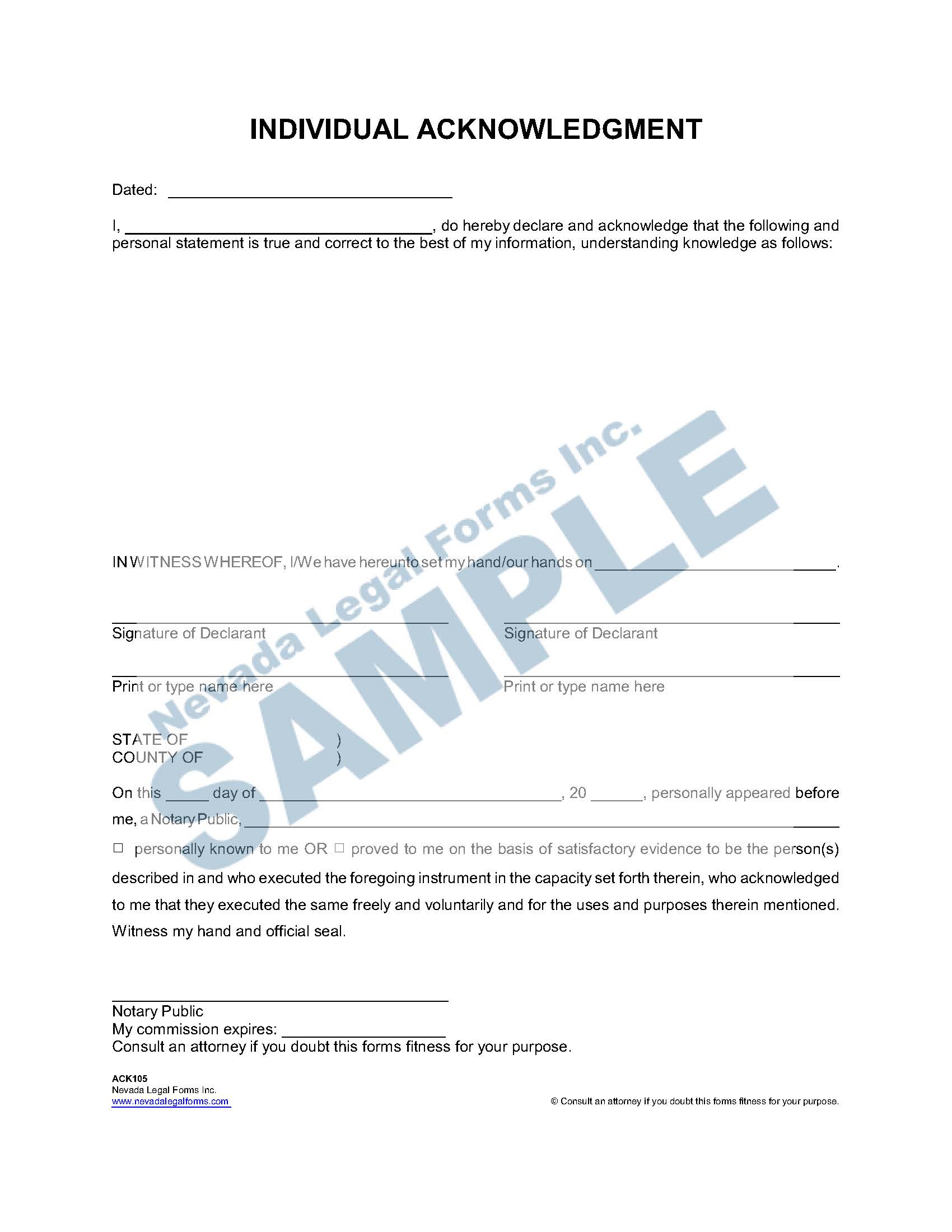 INDIVIDUAL ACKNOWLEDGMENT Nevada Legal Forms & Services
