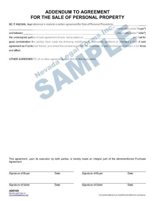 ADDENDUM TO AGREEMENT FOR THE SALE OF PERSONAL PROPERTY Nevada Legal