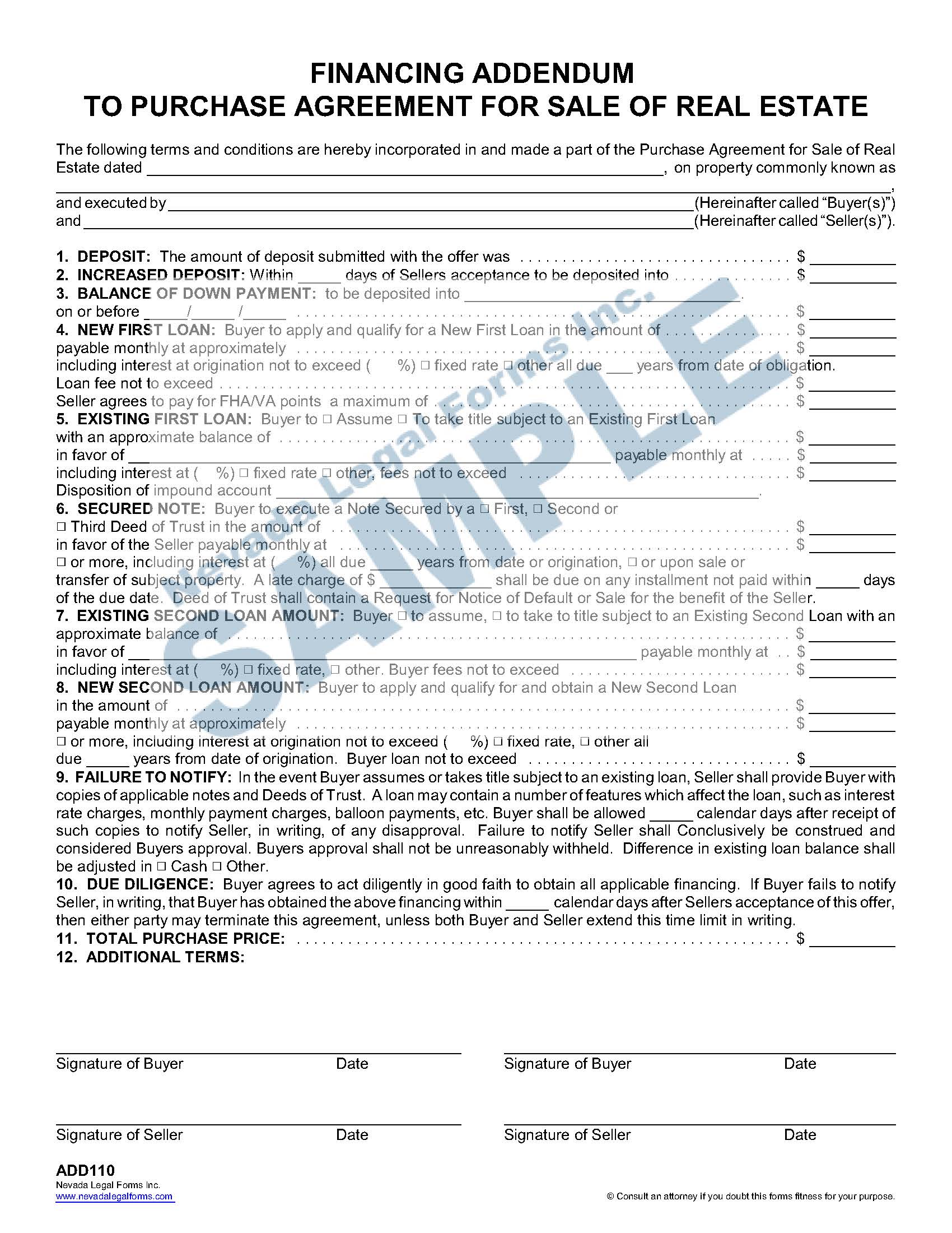 FINANCING ADDENDUM TO PURCHASE AGREEMENT FOR SALE OF REAL ESTATE
