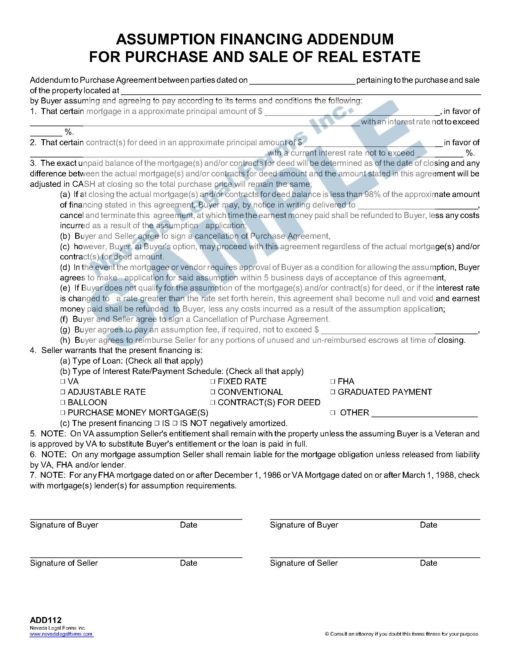 ASSUMPTION FINANCING ADDENDUM FOR PURCHASE AND SALE OF REAL ESTATE