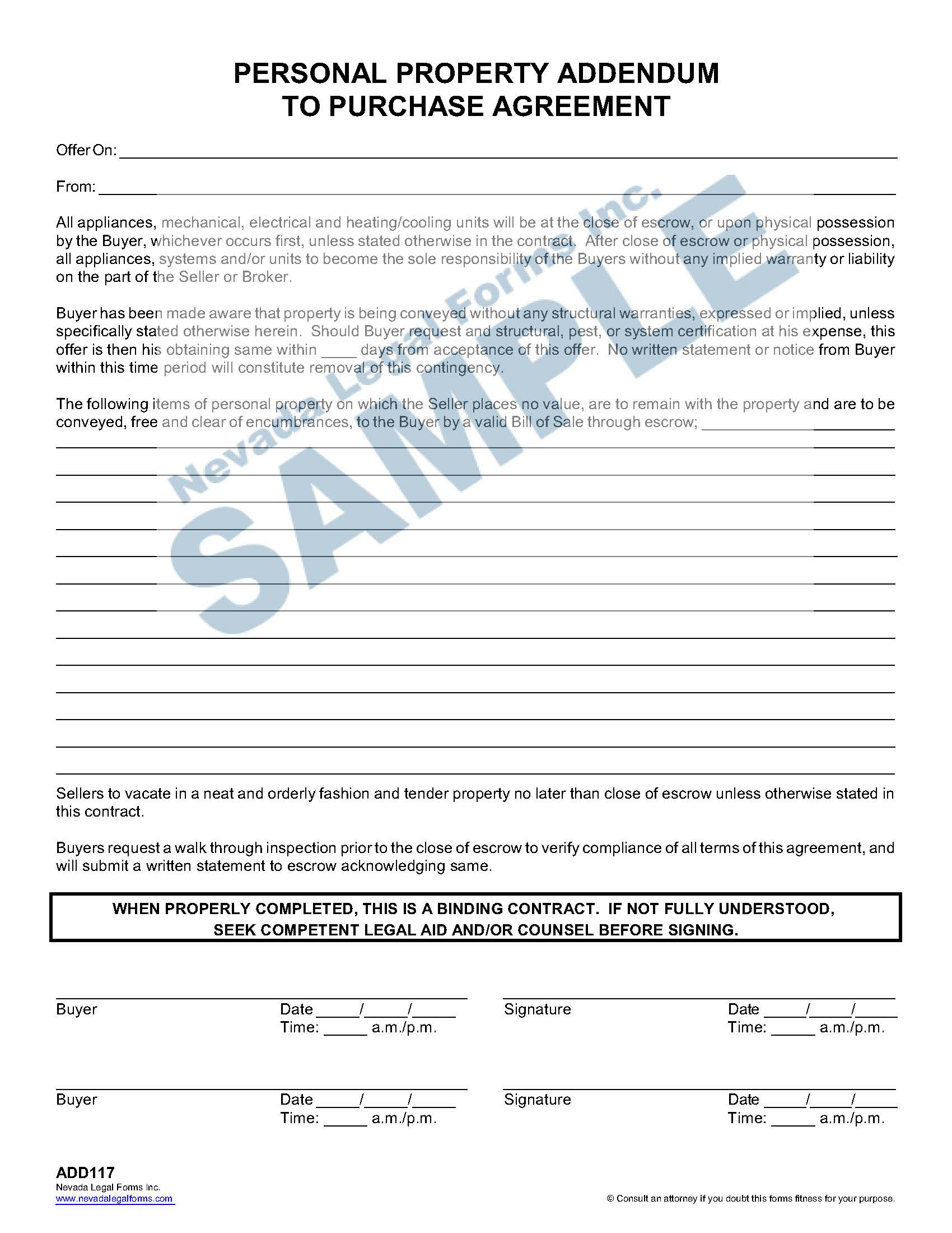 PERSONAL PROPERTY ADDENDUM TO PURCHASE AGREEMENT Nevada Legal Forms
