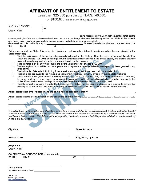 AFFIDAVIT OF ENTITLEMENT TO ESTATE (Less than 25,000 pursuant to N.R.S
