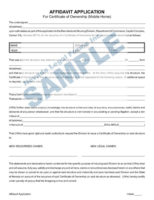 AFFIDAVIT APPLICATION (for Certificate of Ownership Mobile Home