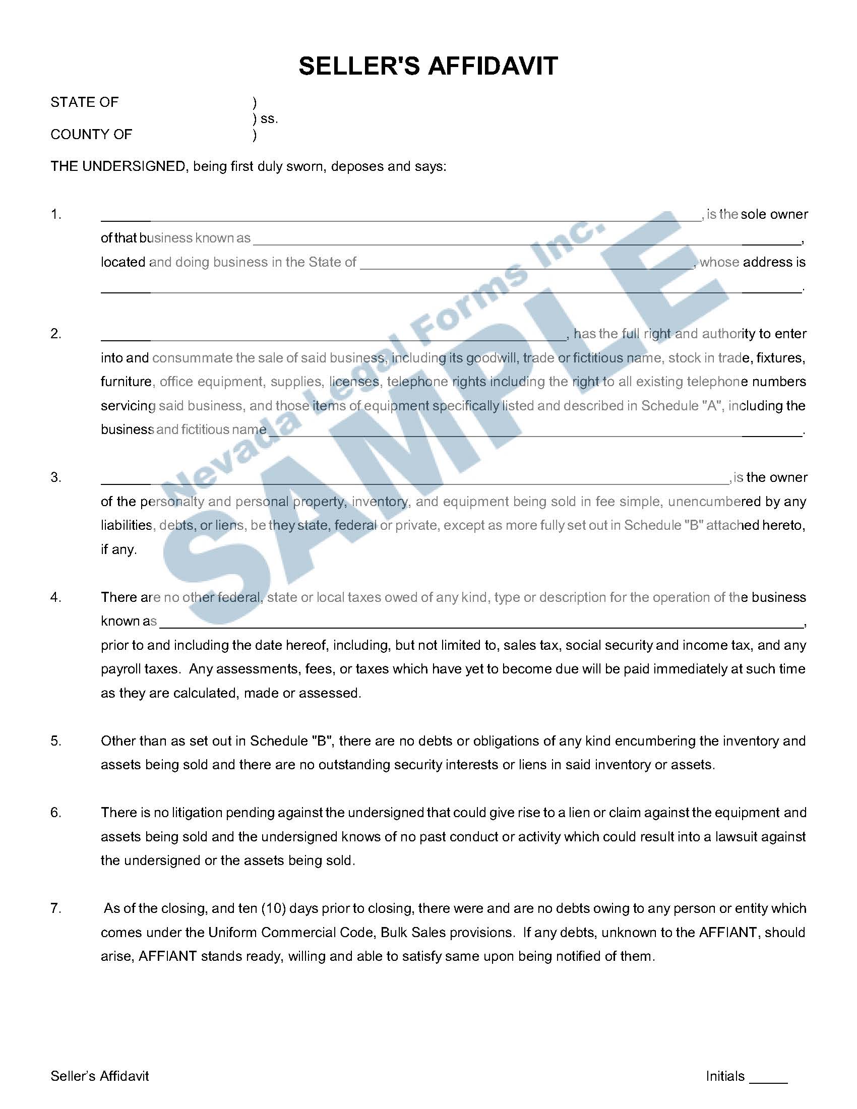 SELLER’S AFFIDAVIT Nevada Legal Forms & Services