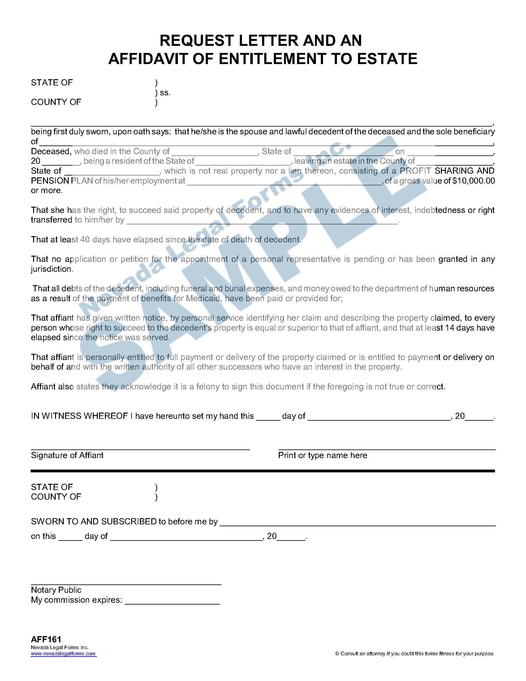 REQUEST LETTER AND AN AFFIDAVIT OF ENTITLEMENT TO ESTATE Nevada Legal