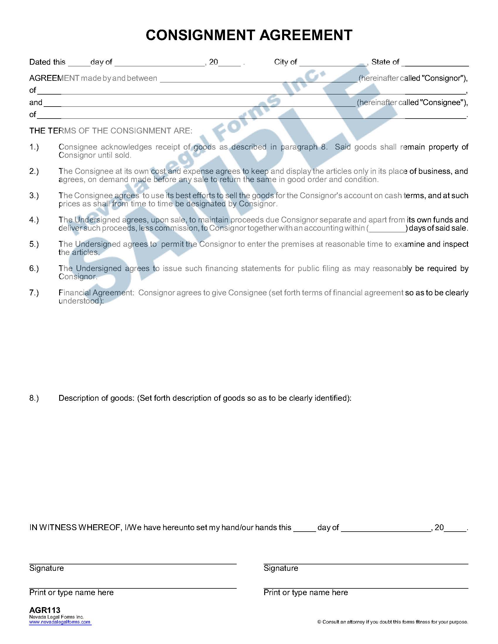 CONSIGNMENT AGREEMENT Nevada Legal Forms & Services