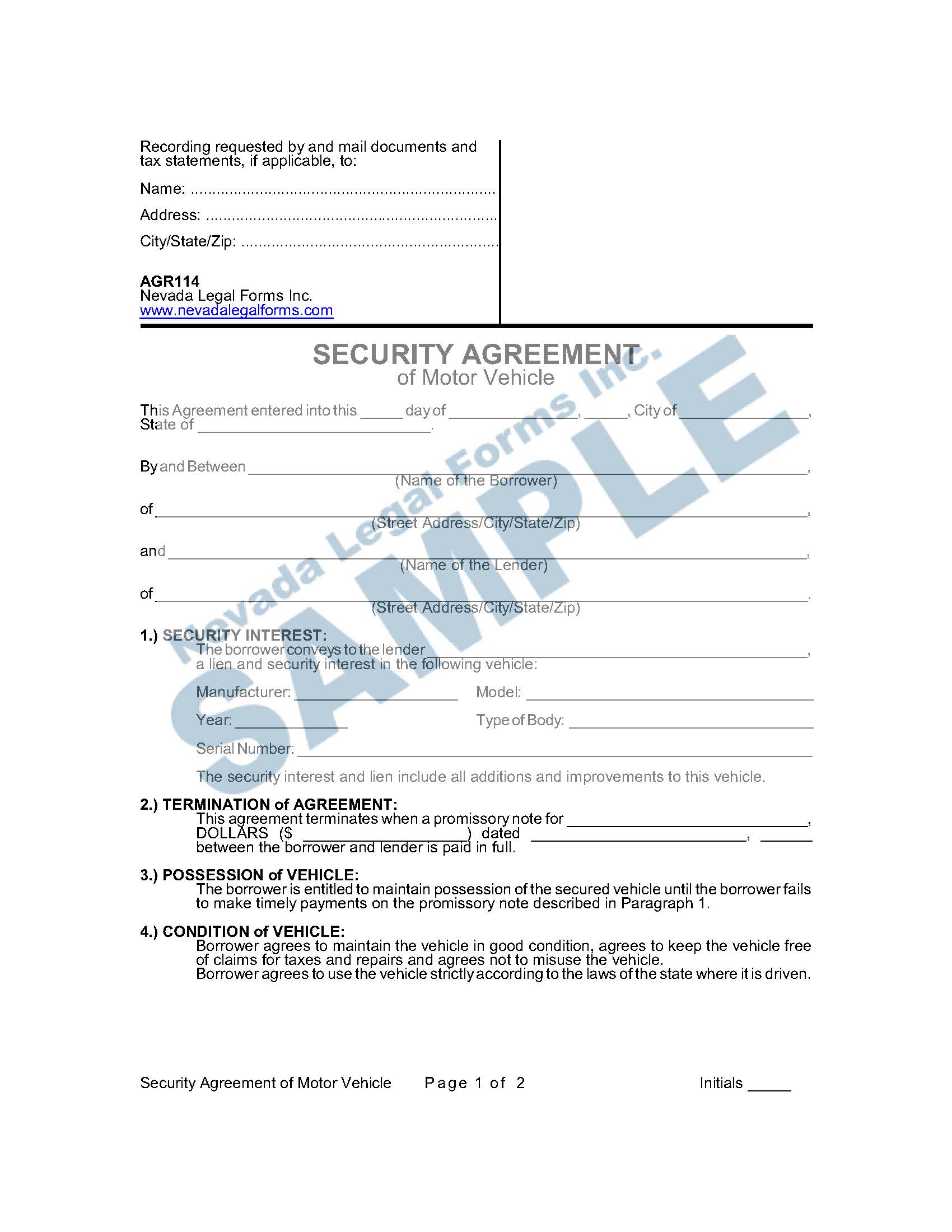 SECURITY AGREEMENT OF MOTOR VEHICLE Nevada Legal Forms & Services