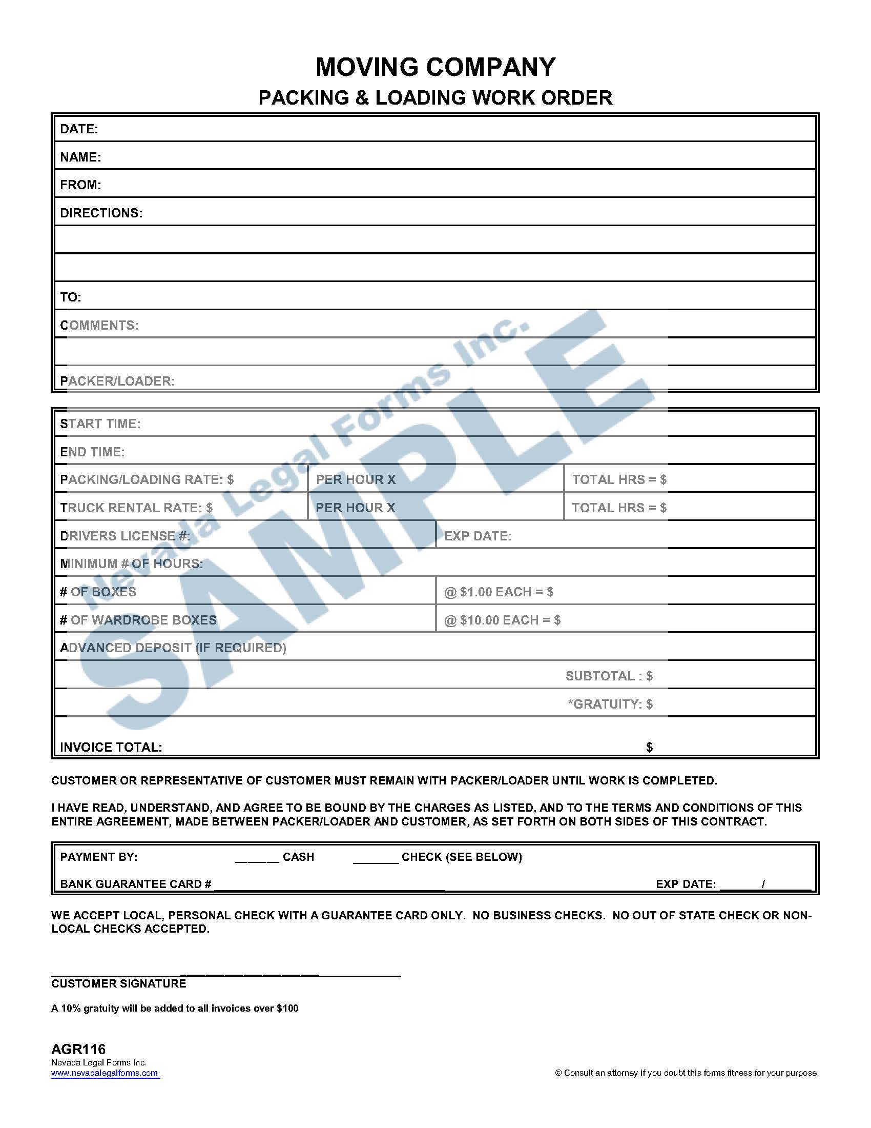 MOVING COMPANY SHIPPING AND PACKING ORDER Nevada Legal Forms & Services