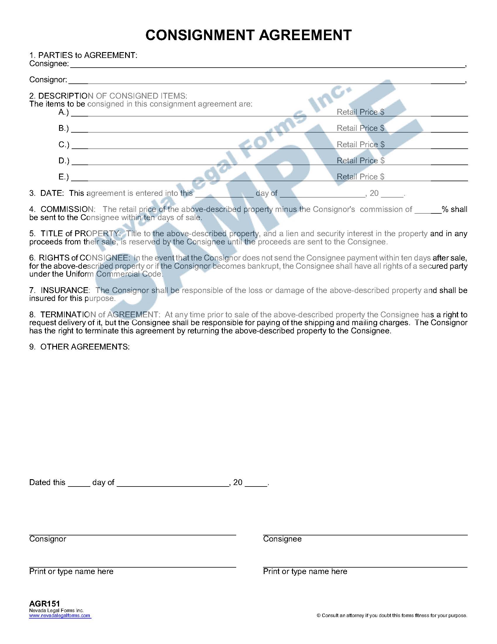 CONSIGNMENT AGREEMENT Nevada Legal Forms & Services