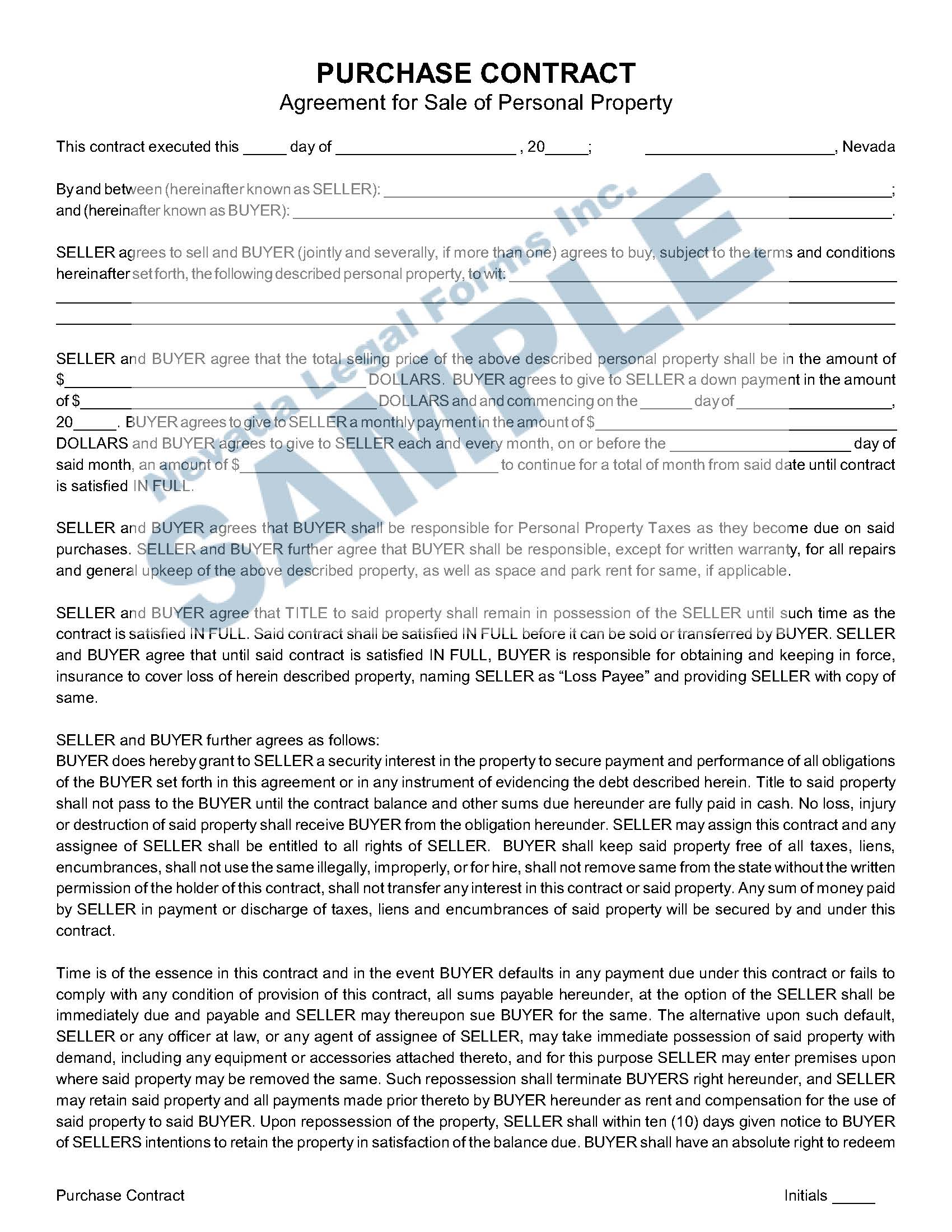 PURCHASE CONTRACT (Agreement for Sale of Personal Property) Nevada