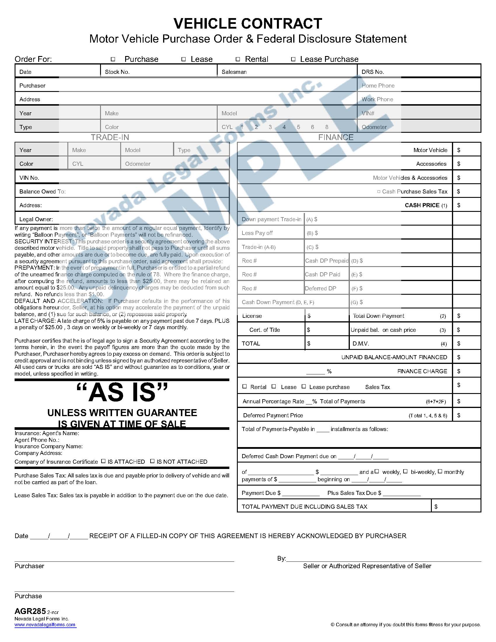 VEHICLE CONTRACT Nevada Legal Forms & Services