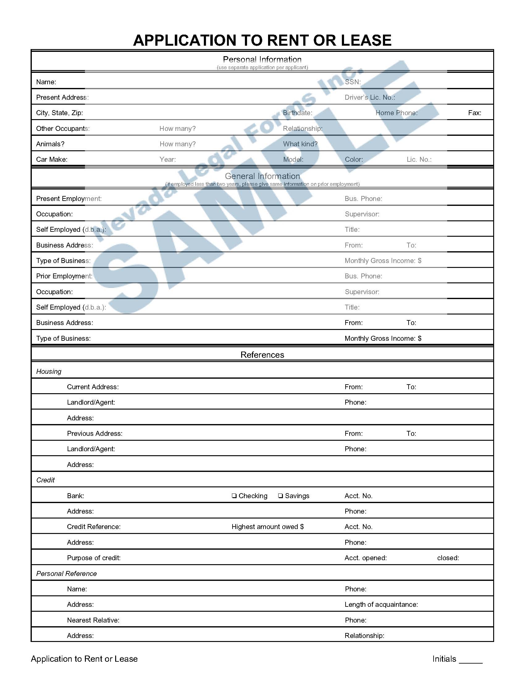 APPLICATION TO RENT OR LEASE Nevada Legal Forms & Services