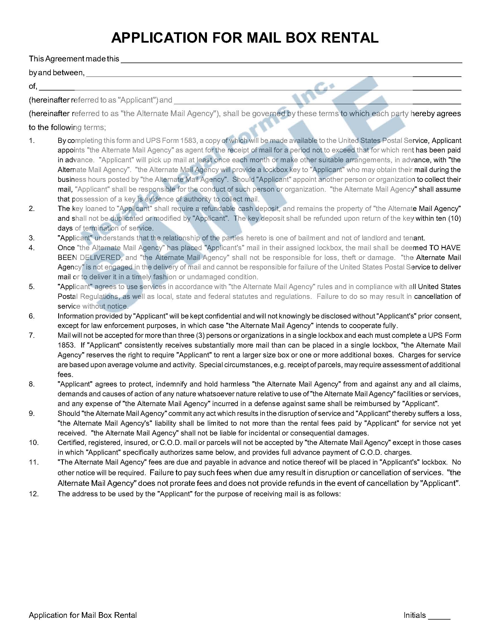 APPLICATION FOR MAIL BOX RENTAL Nevada Legal Forms & Services