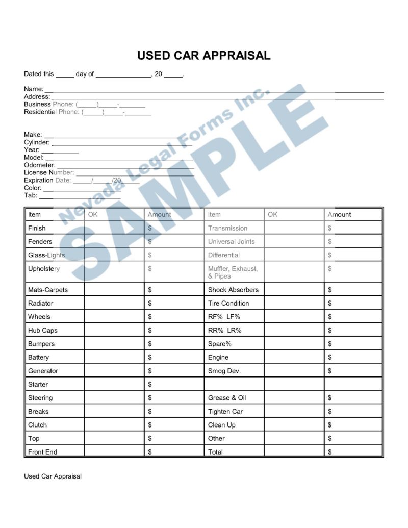 APPRAISAL OF MOTOR VEHICLE Nevada Legal Forms & Services