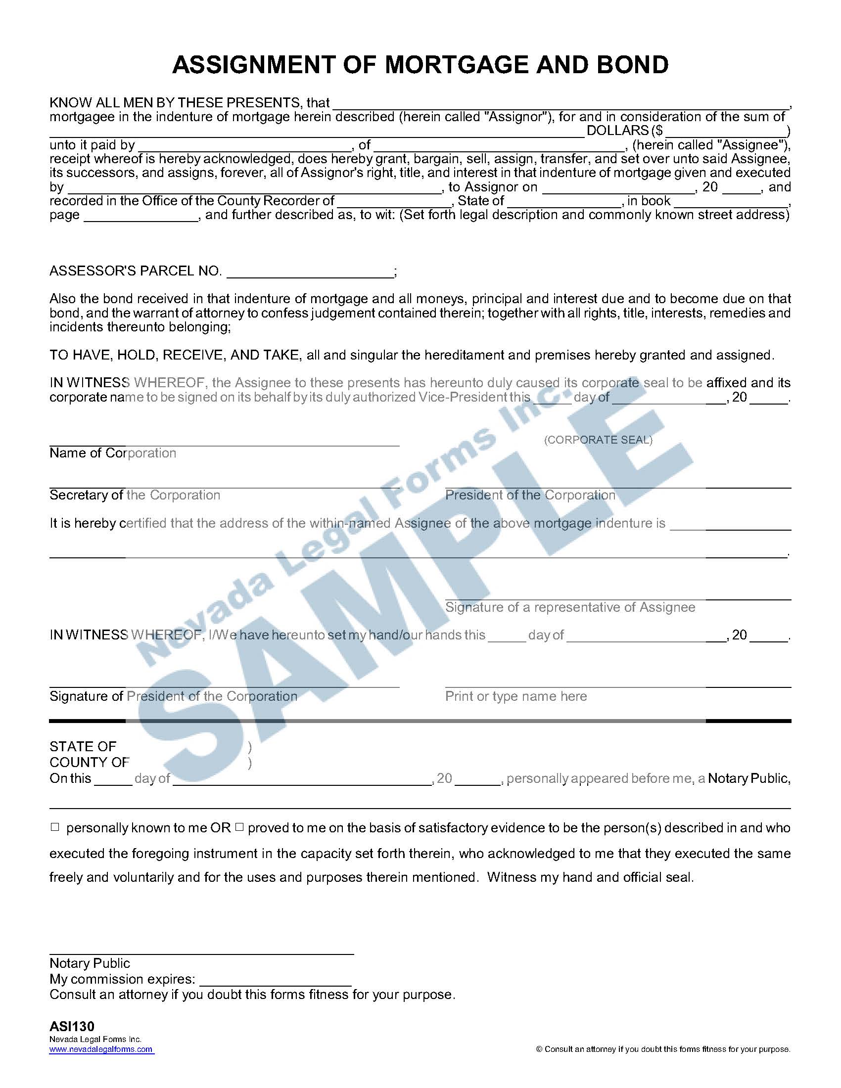 ASSIGNMENT OF MORTGAGE AND BOND Nevada Legal Forms & Services