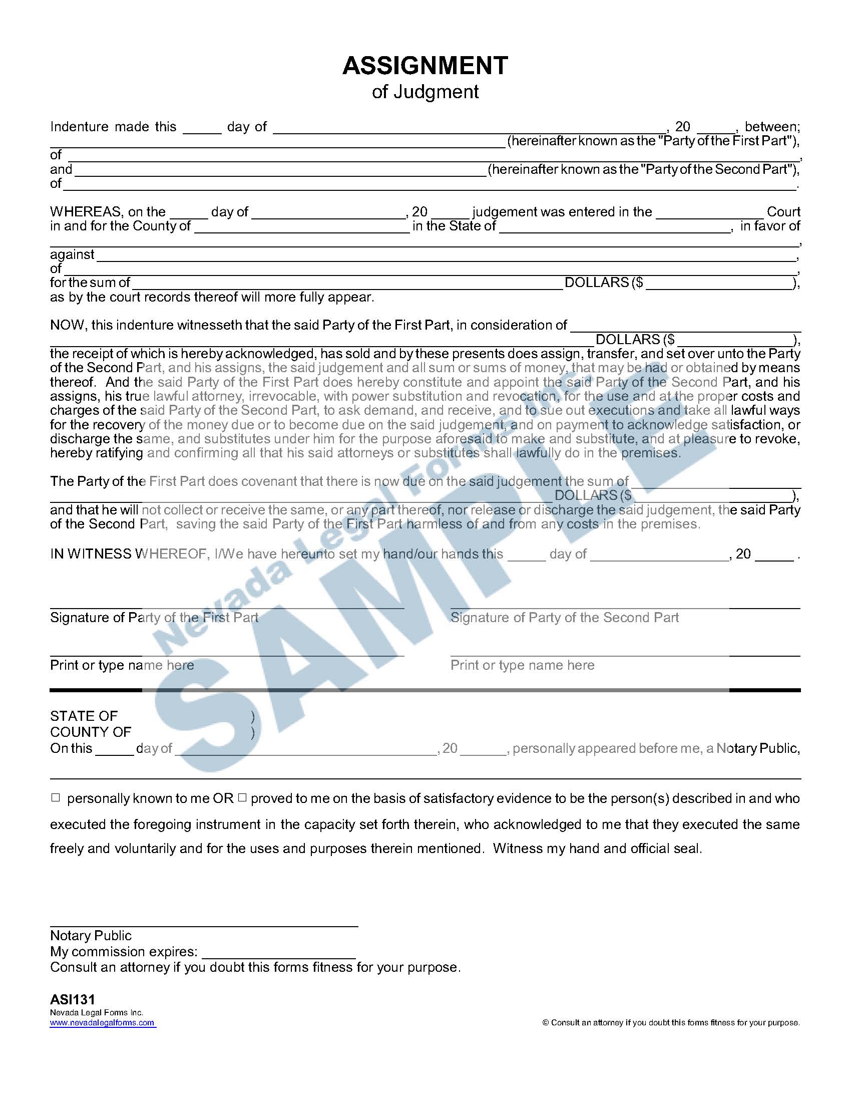 ASSIGNMENT (of Judgment) Nevada Legal Forms & Services