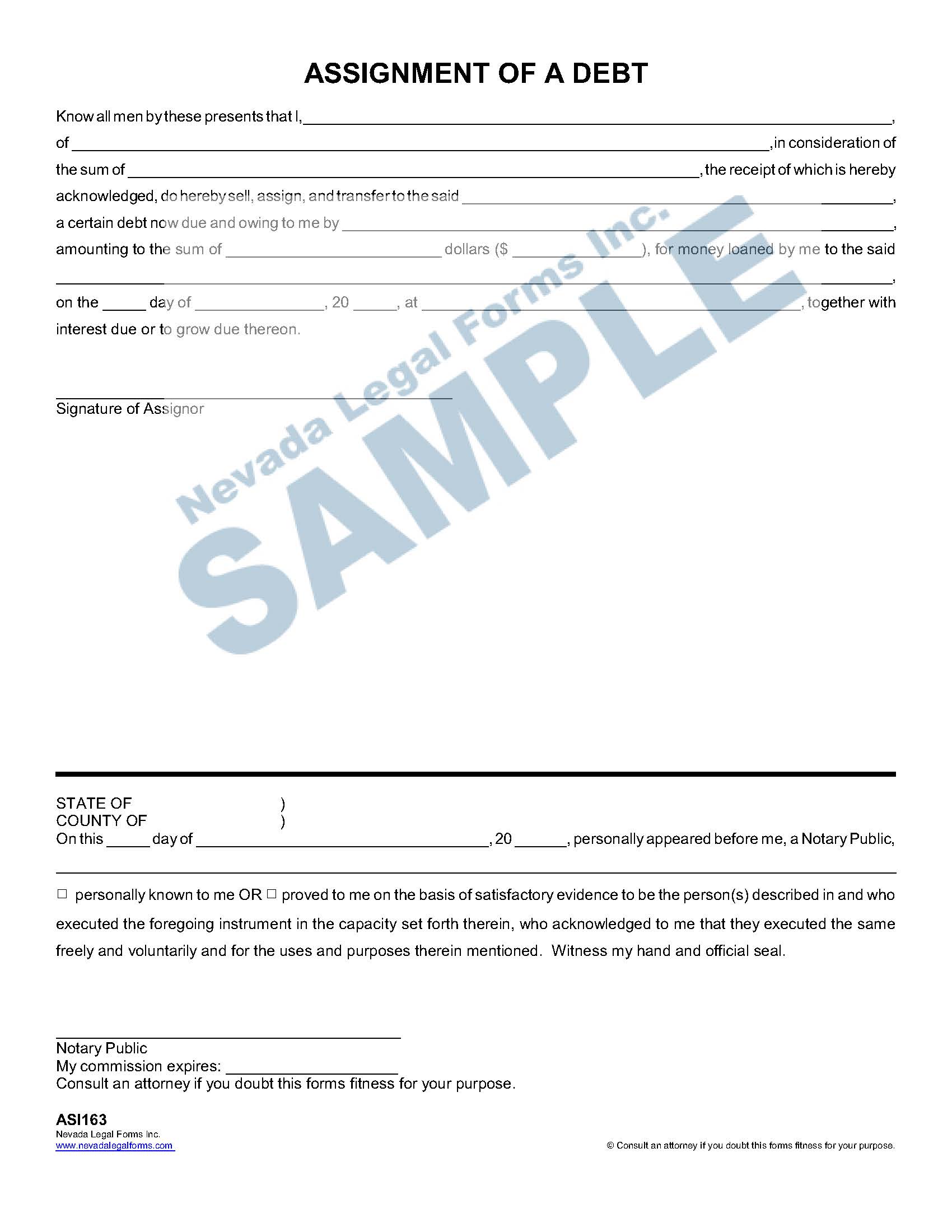 ASSIGNMENT OF A DEBT Nevada Legal Forms & Services