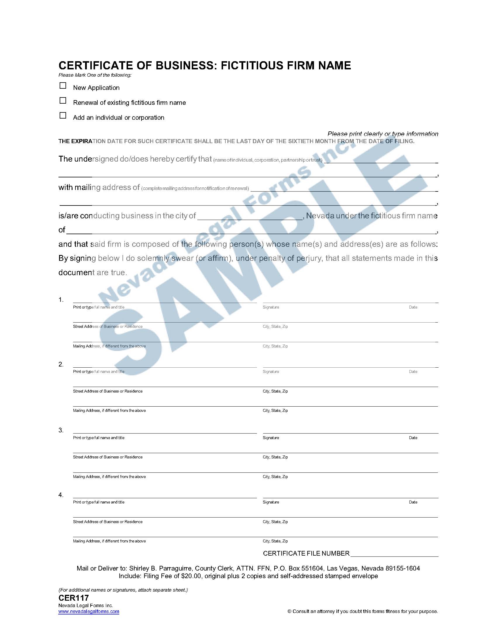 CERTIFICATE OF BUSINESS FICTITIOUS FIRM NAME Nevada Legal Forms