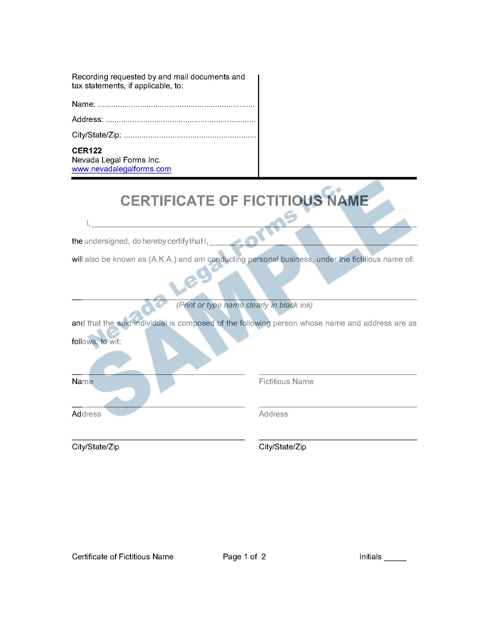 CERTIFICATE OF FICTITIOUS NAME Nevada Legal Forms & Services