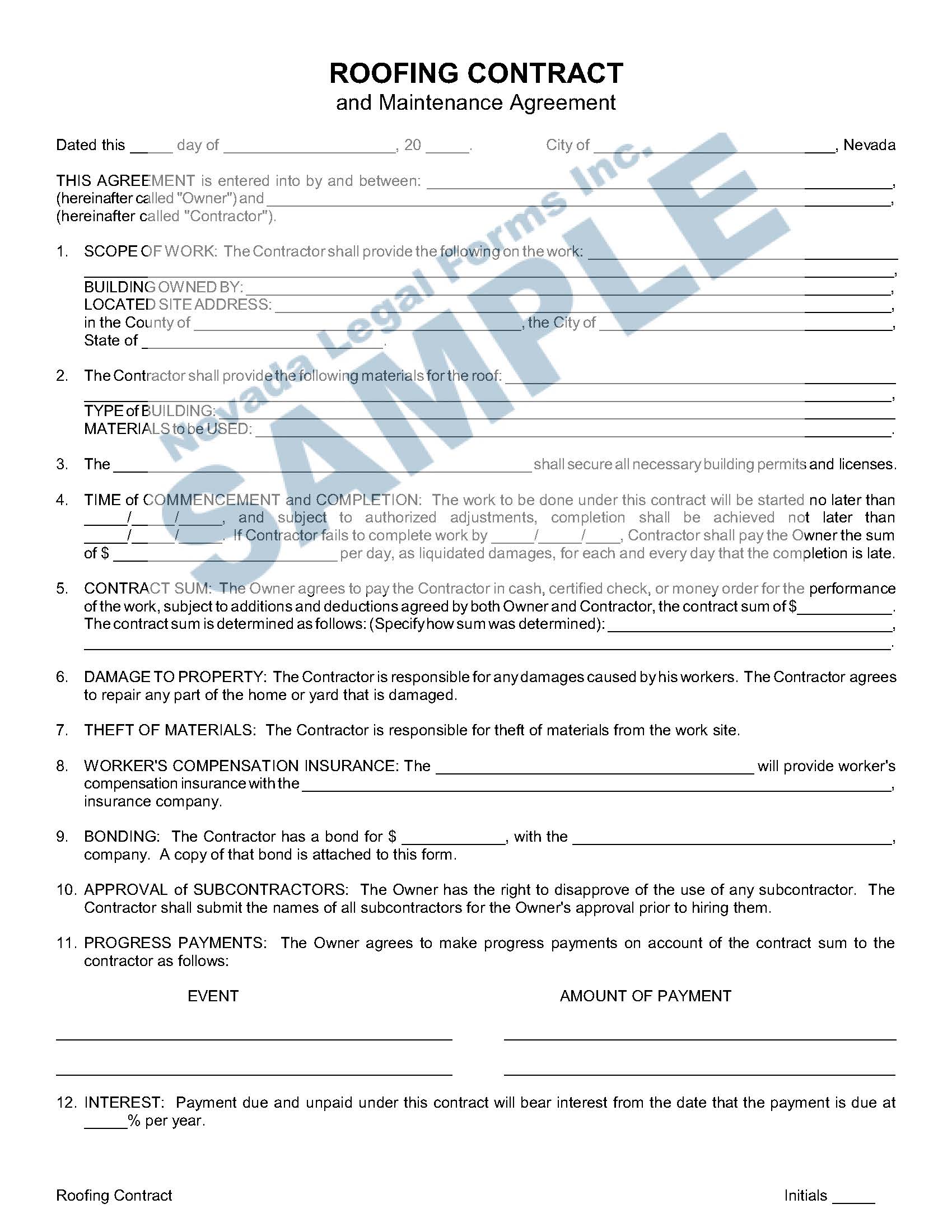ROOFING CONTRACT (and Maintenance Agreement) Nevada Legal Forms