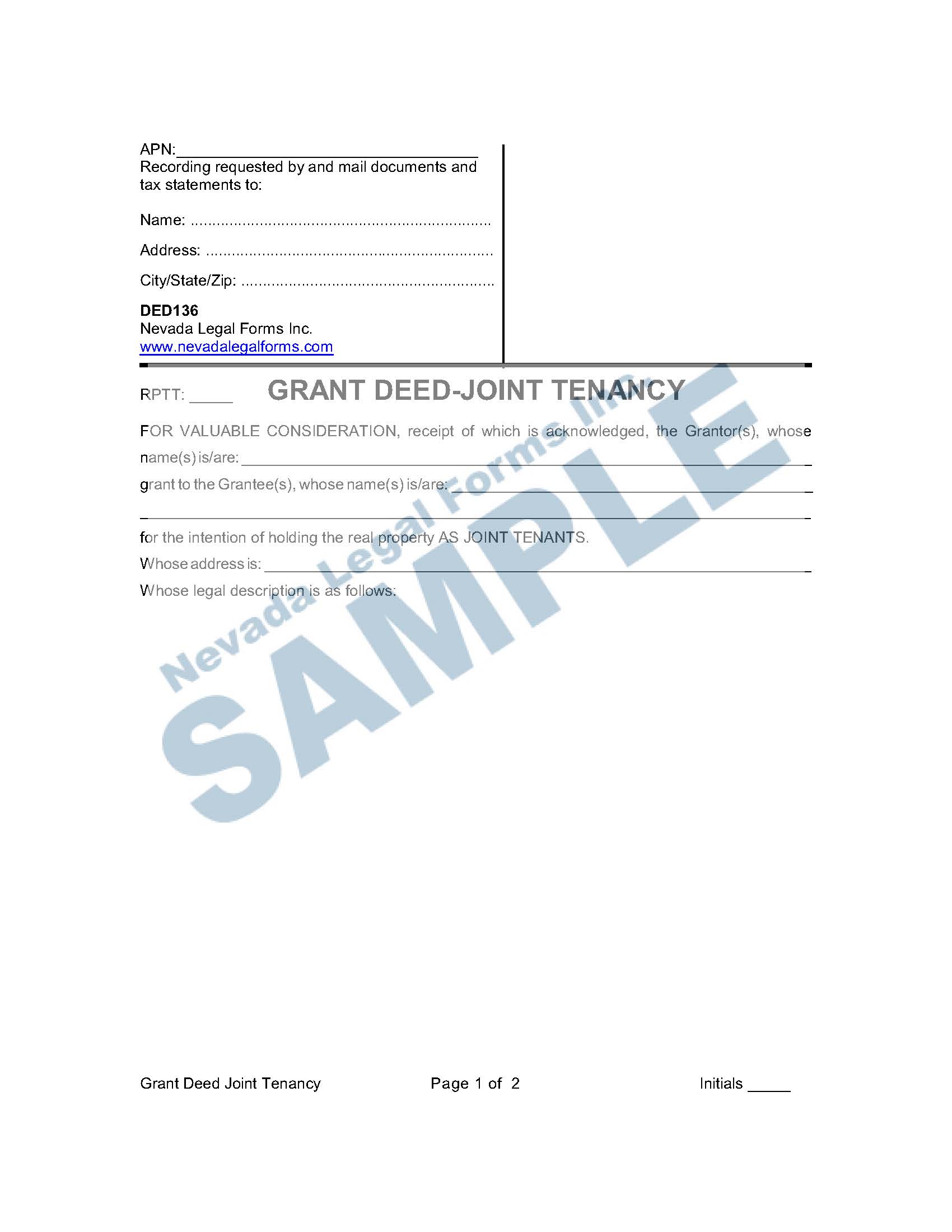 GRANT DEED JOINT TENANCY Nevada Legal Forms & Services