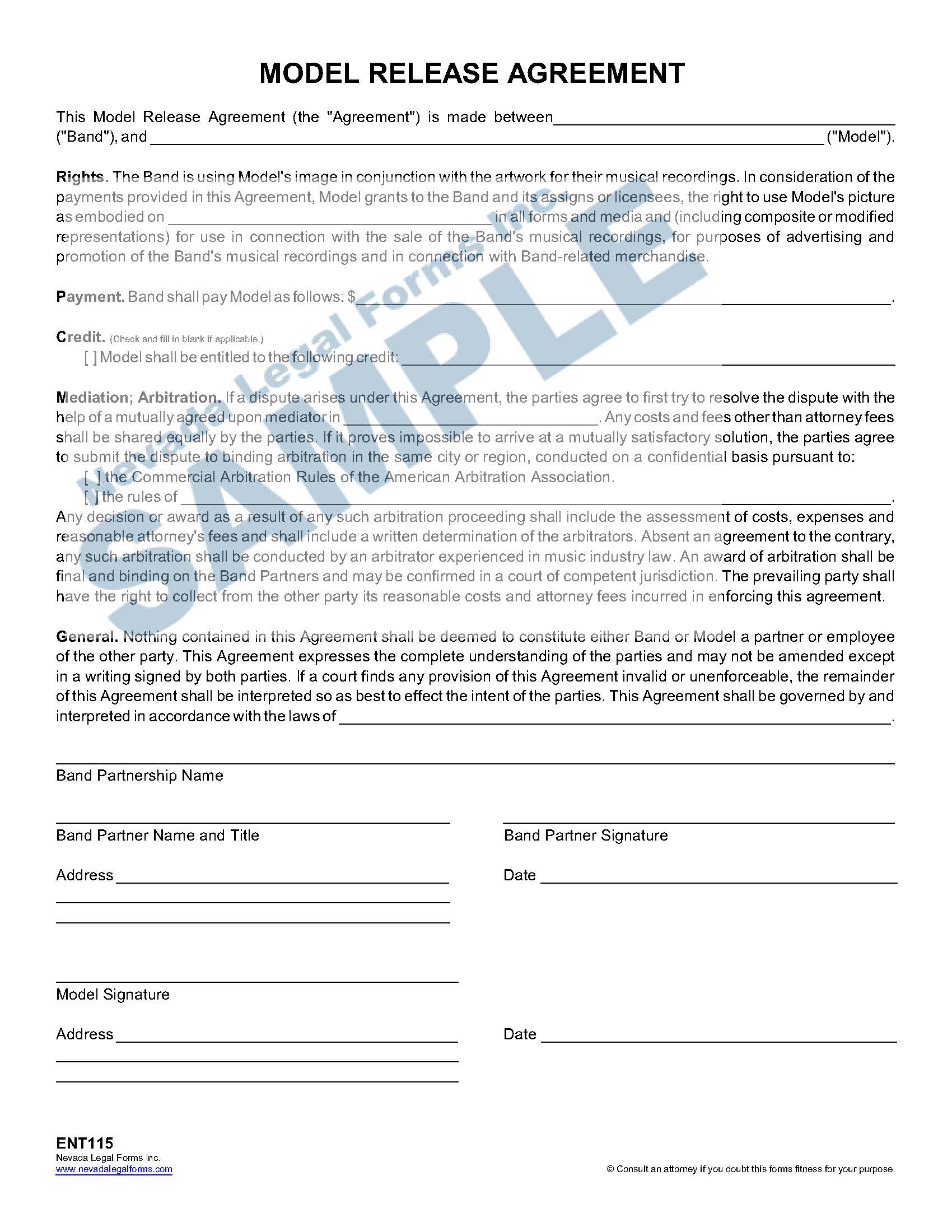 MODEL RELEASE AGREEMENT Nevada Legal Forms & Services