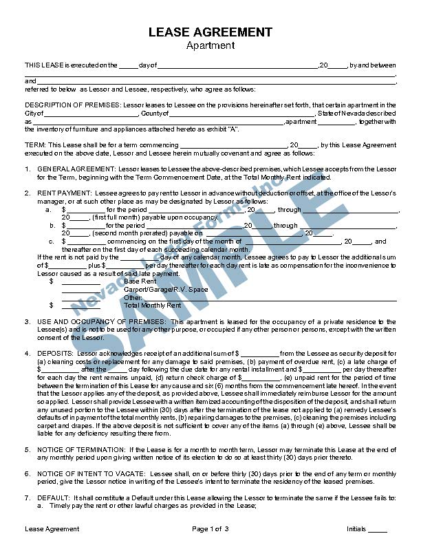 LEASE AGREEMENT APARTMENT Nevada Legal Forms & Services