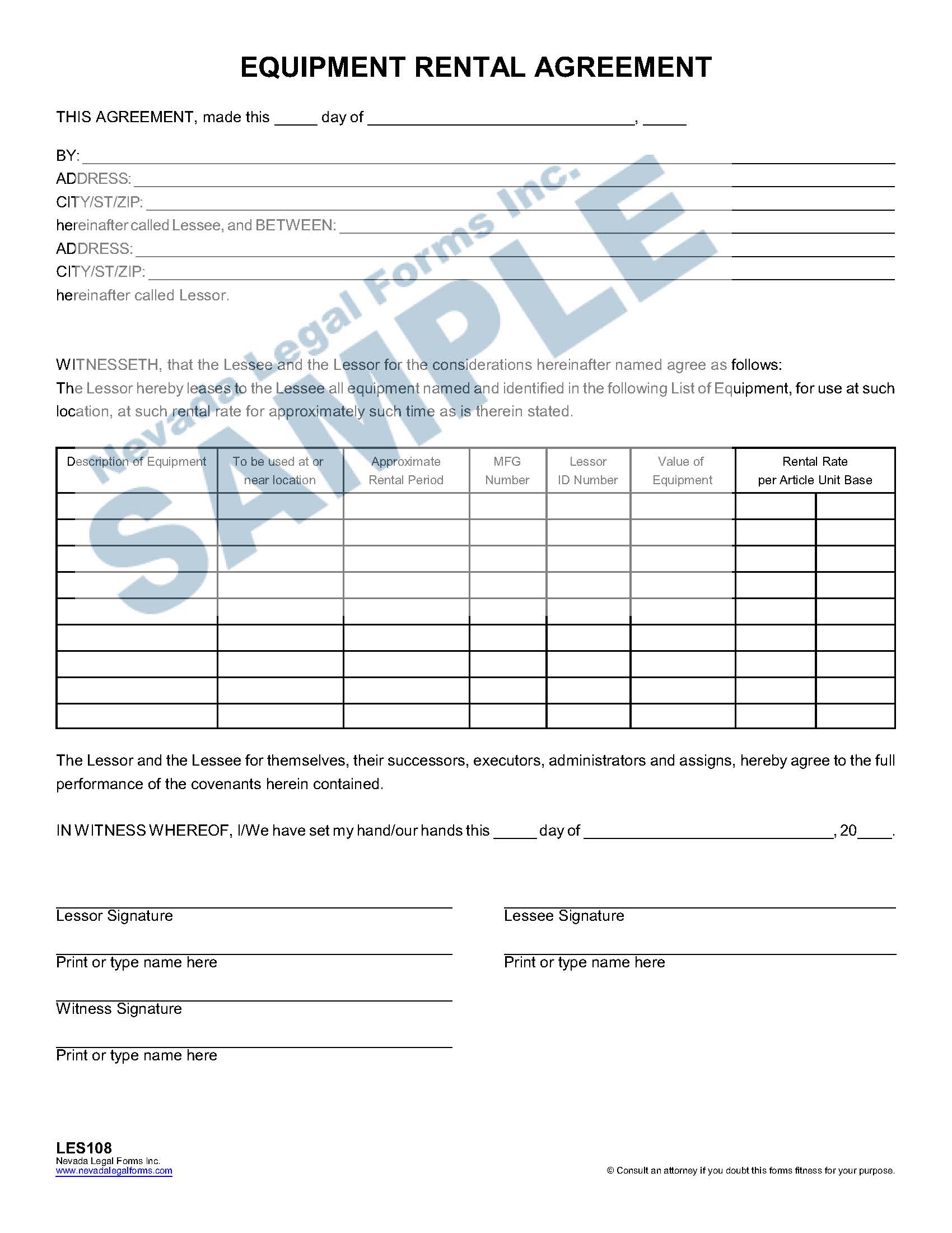 EQUIPMENT RENTAL AGREEMENT Nevada Legal Forms & Services