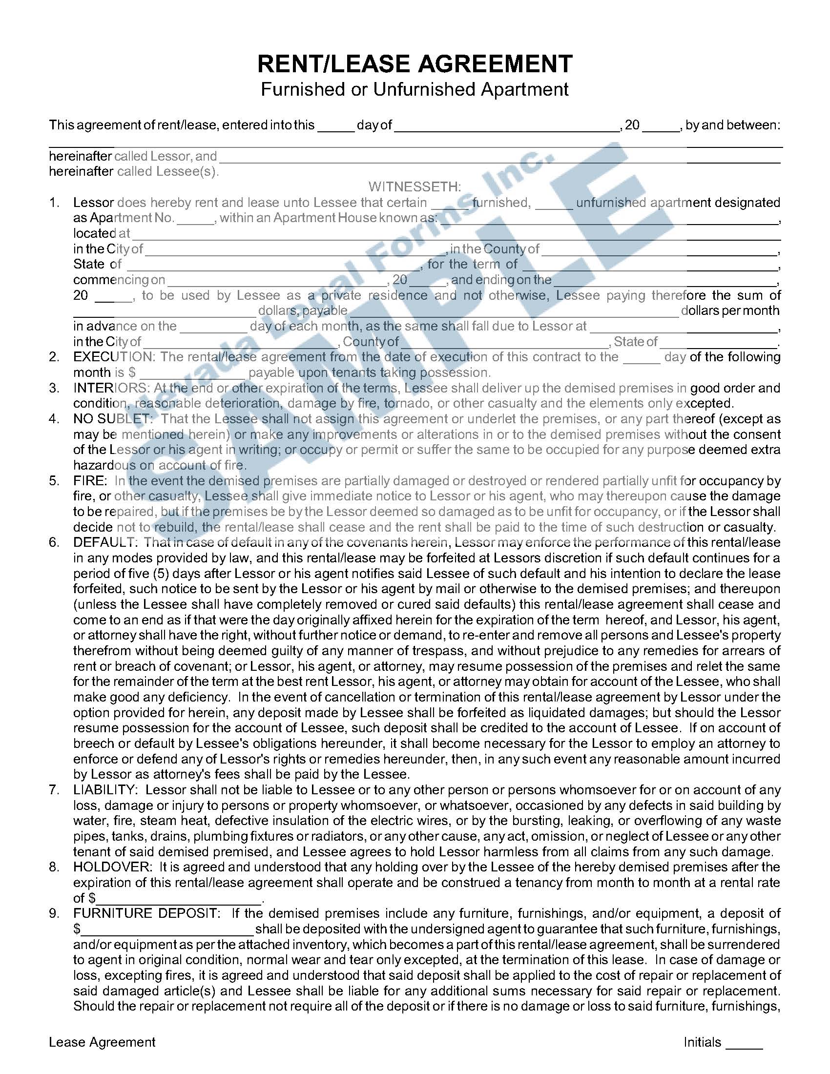 RENT/LEASE AGREEMENT (furnished or unfurnished apartment) Nevada