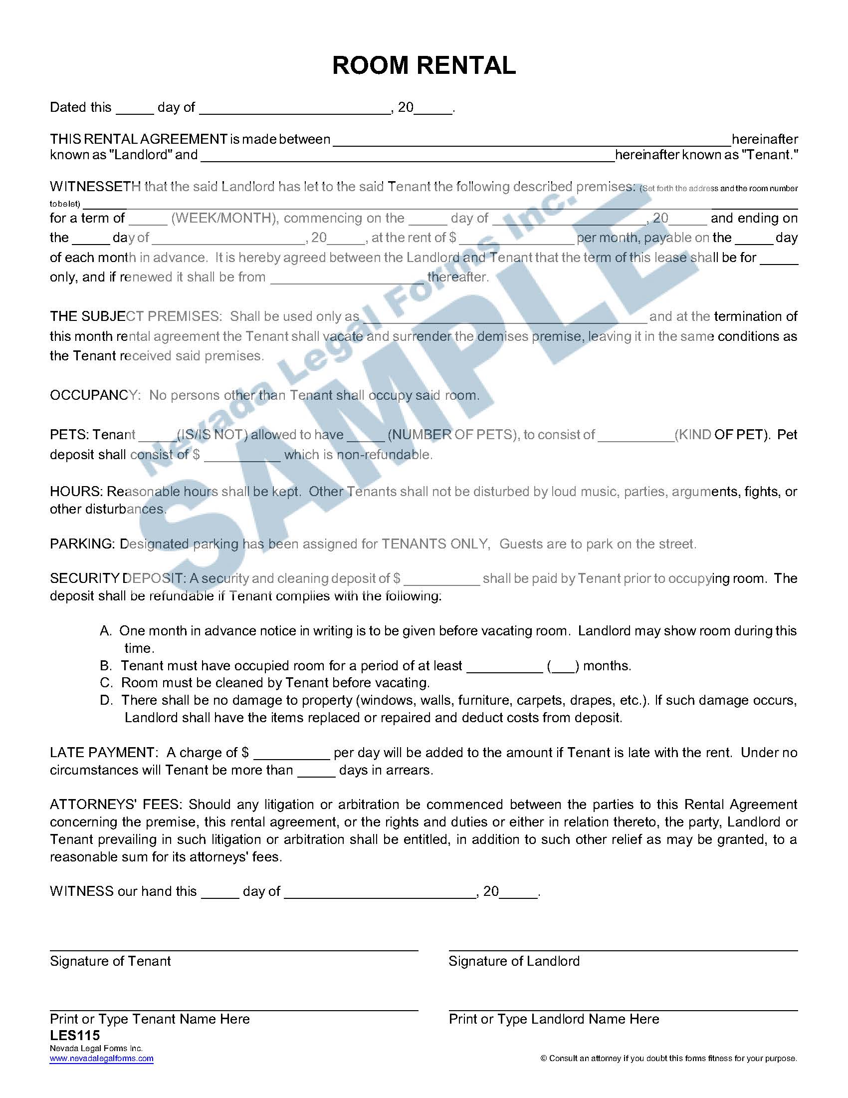 ROOM RENTAL Nevada Legal Forms & Services
