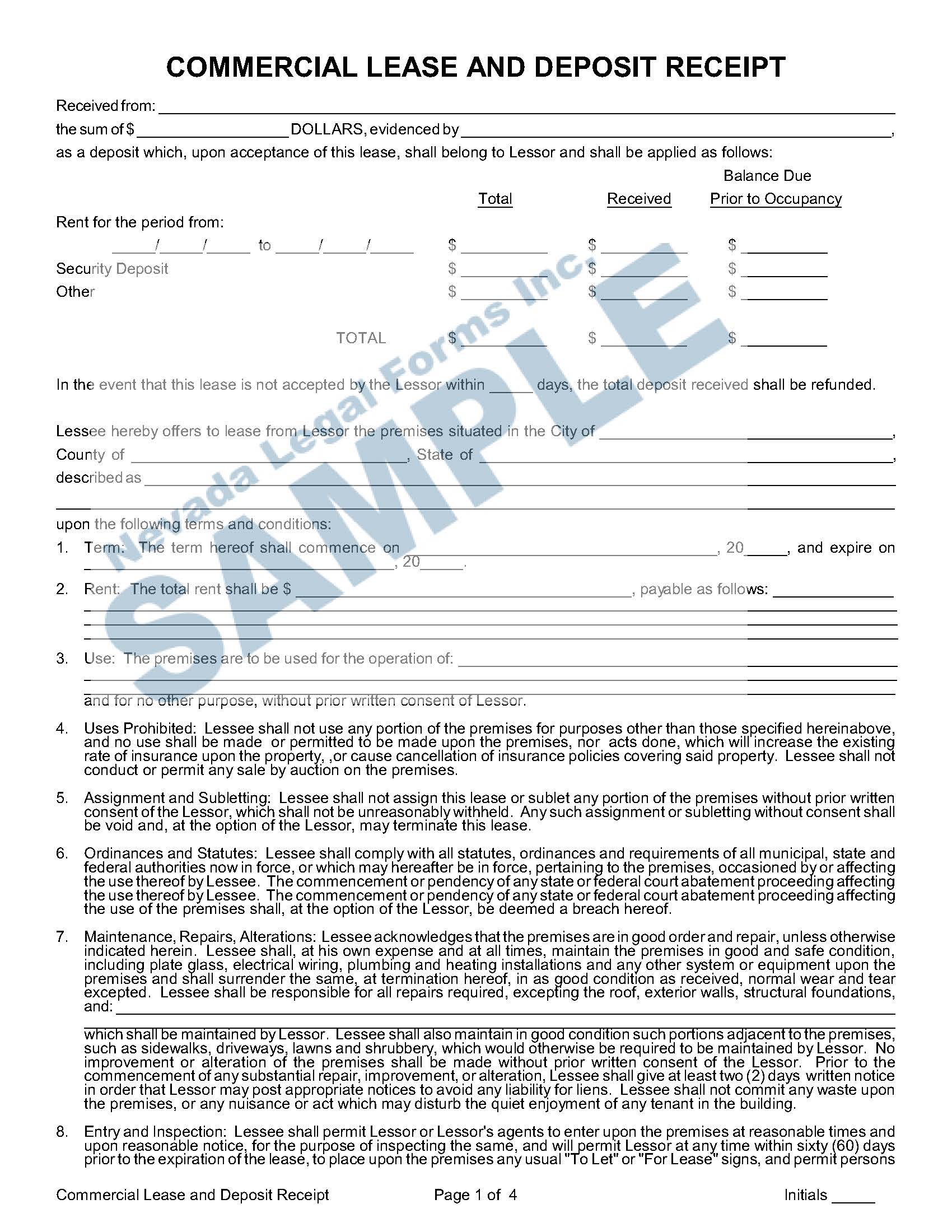 COMMERCIAL LEASE AND DEPOSIT RECEIPT Nevada Legal Forms & Services