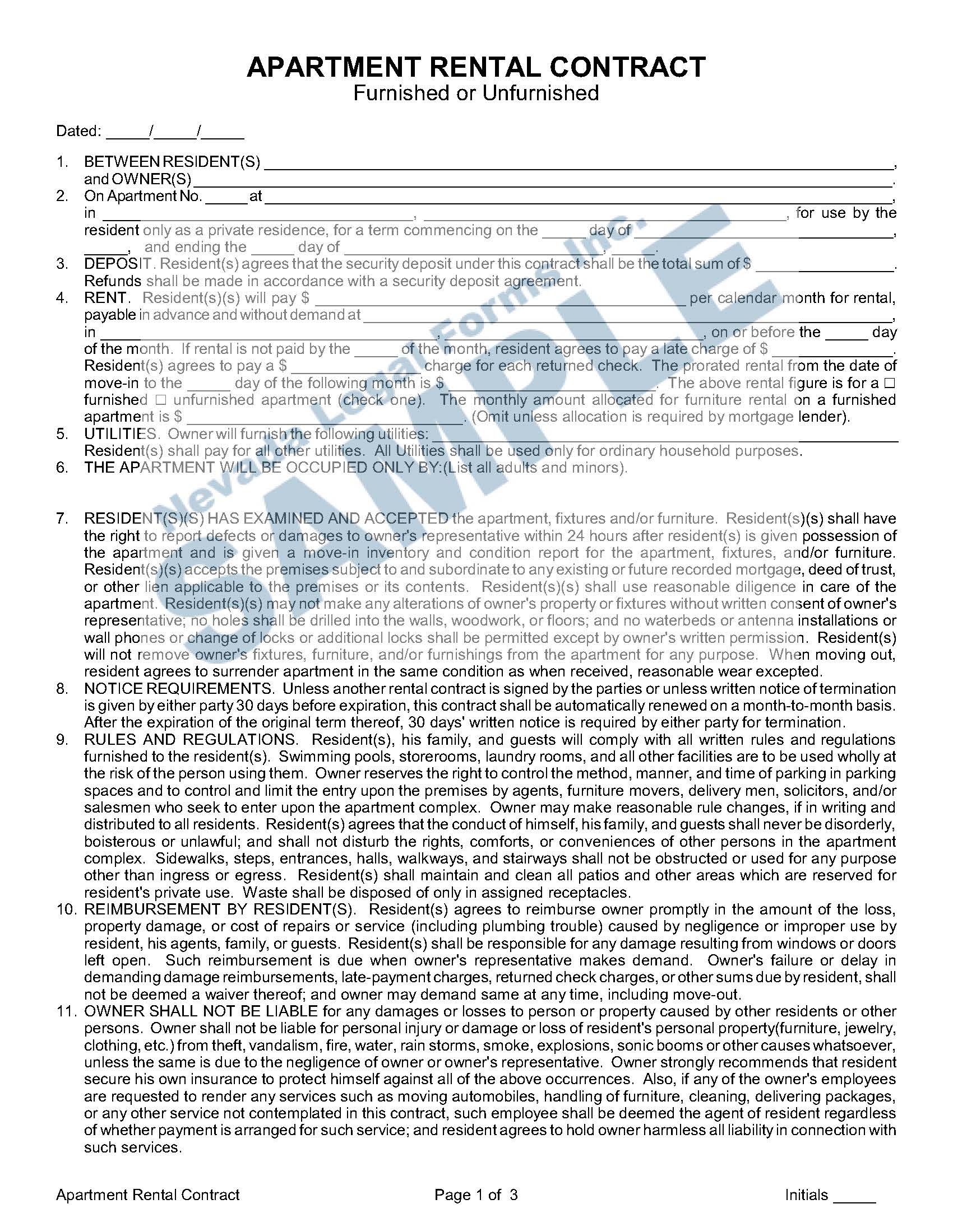 APARTMENT RENTAL CONTRACT (furnished or unfurnished) Nevada Legal