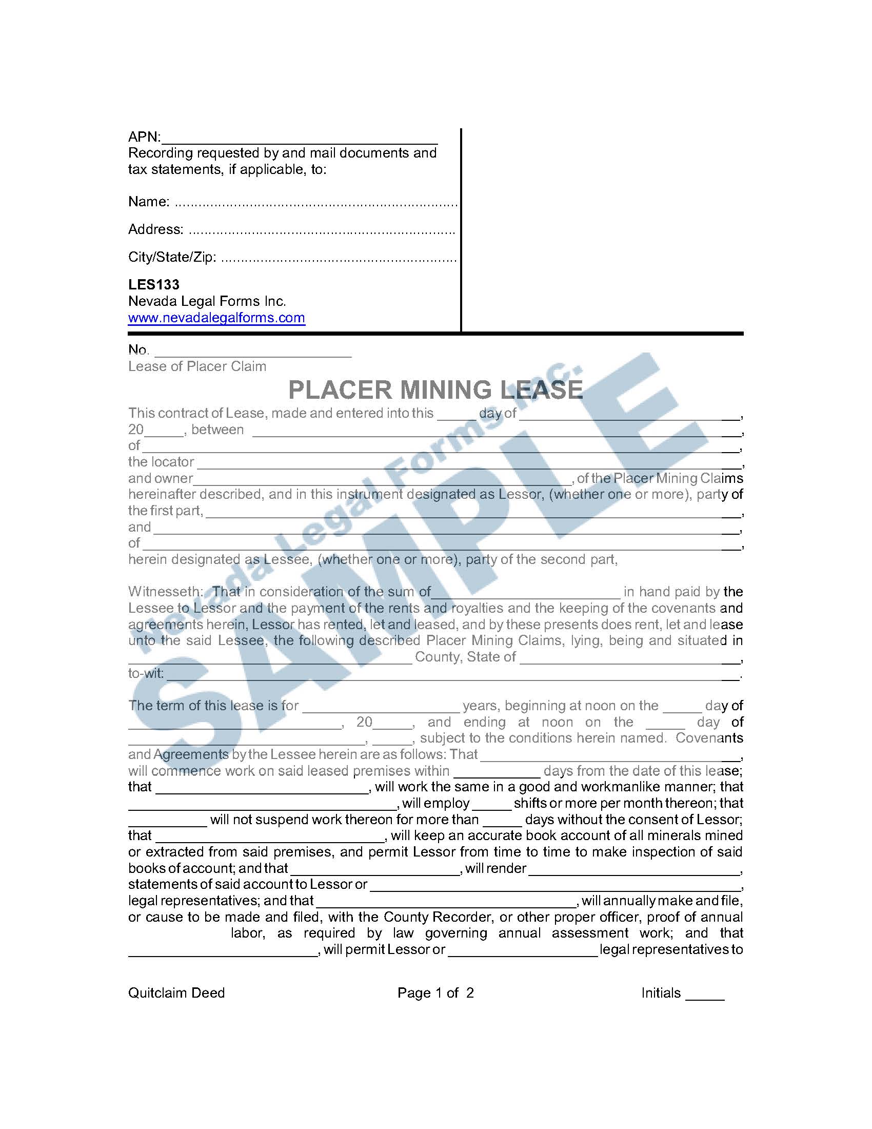 PLACER MINING LEASE Nevada Legal Forms & Services