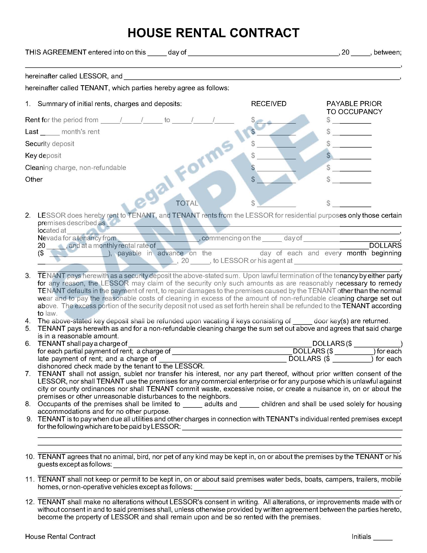 HOUSE RENTAL CONTRACT Nevada Legal Forms & Services