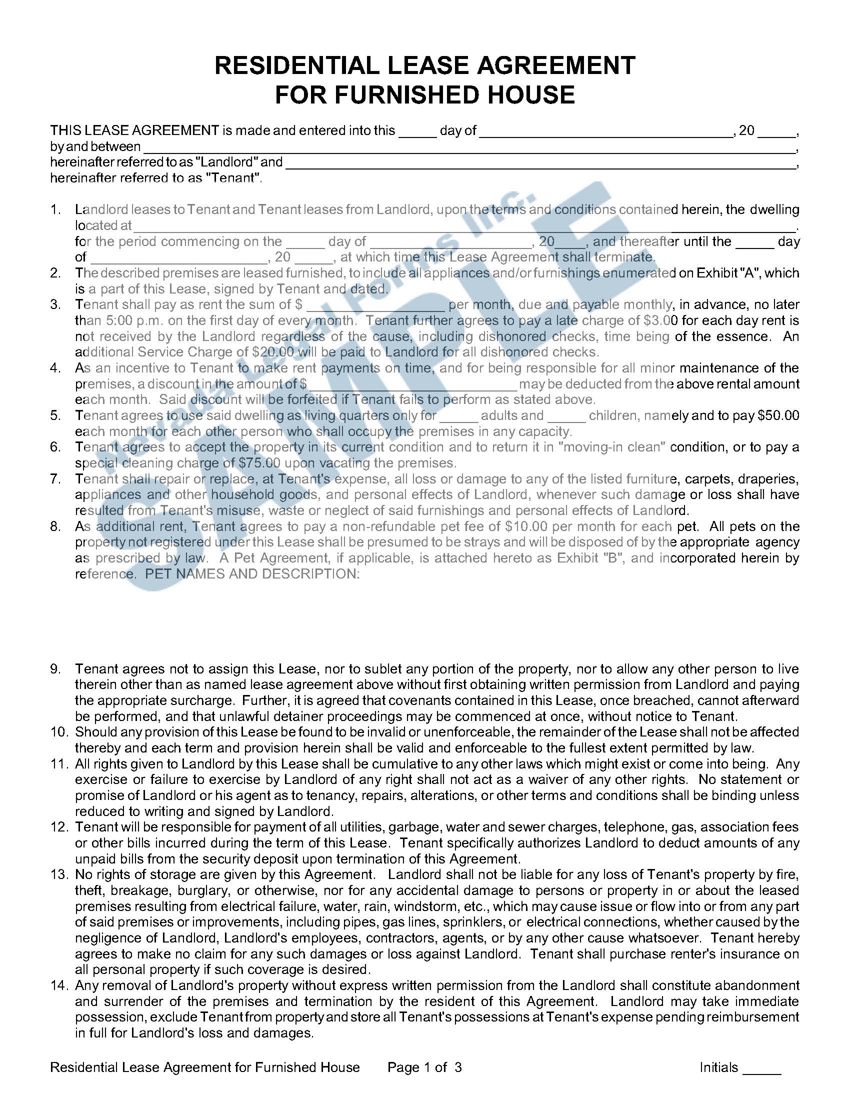 RESIDENTIAL LEASE AGREEMENT FOR FURNISHED HOUSE Nevada Legal Forms