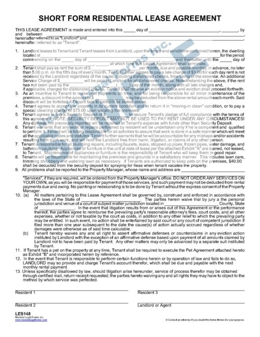 SHORT FORM RESIDENTIAL LEASE AGREEMENT Nevada Legal Forms & Services