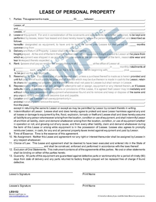 LEASE OF PERSONAL PROPERTY Nevada Legal Forms & Services