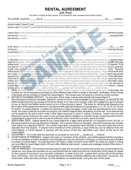 RENTAL AGREEMENT WITH POOL CLAUSE Nevada Legal Forms & Services