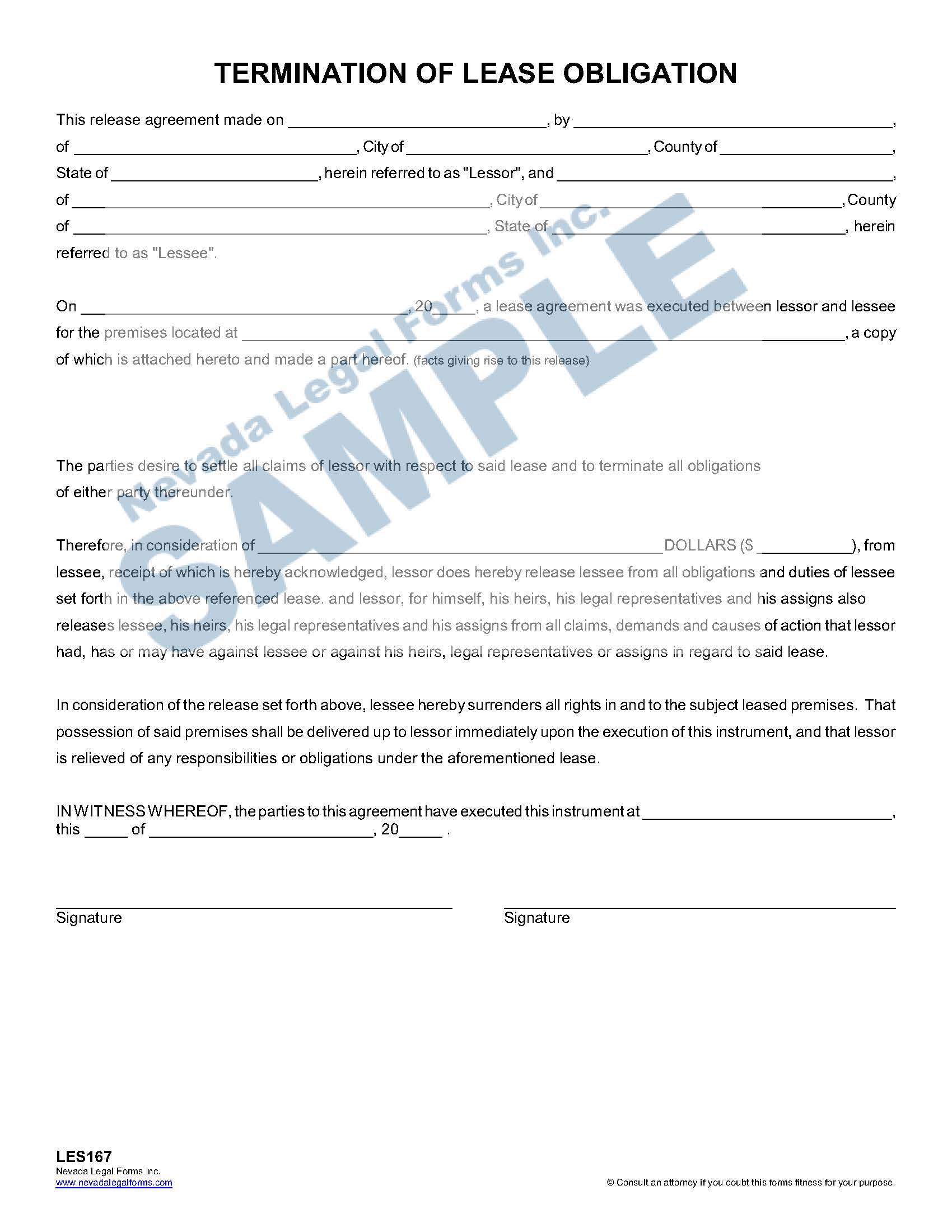 TERMINATION OF LEASE OBLIGATION Nevada Legal Forms & Services