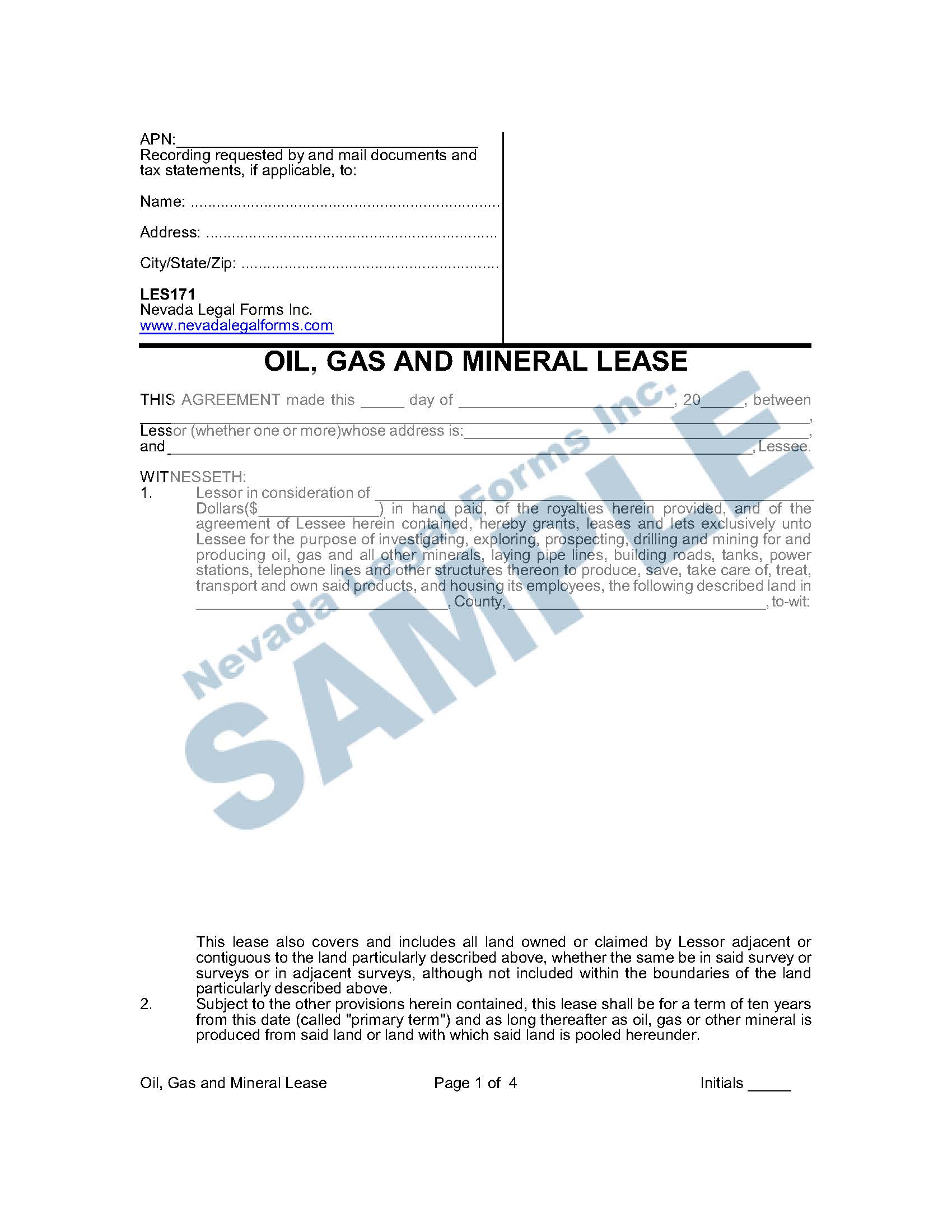 OIL, GAS, AND MINERAL LEASE Nevada Legal Forms & Services