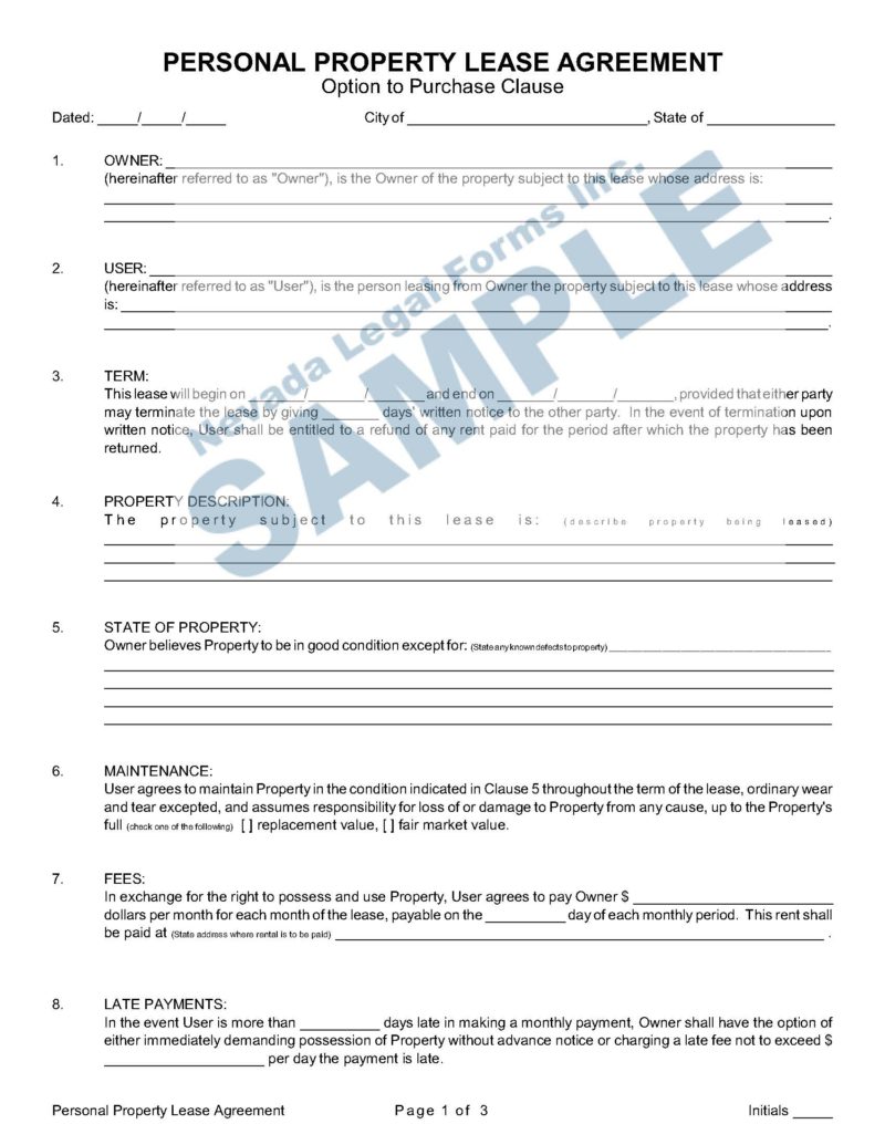 PERSONAL PROPERTY LEASE AGREEMENT (with option to purchase) Nevada