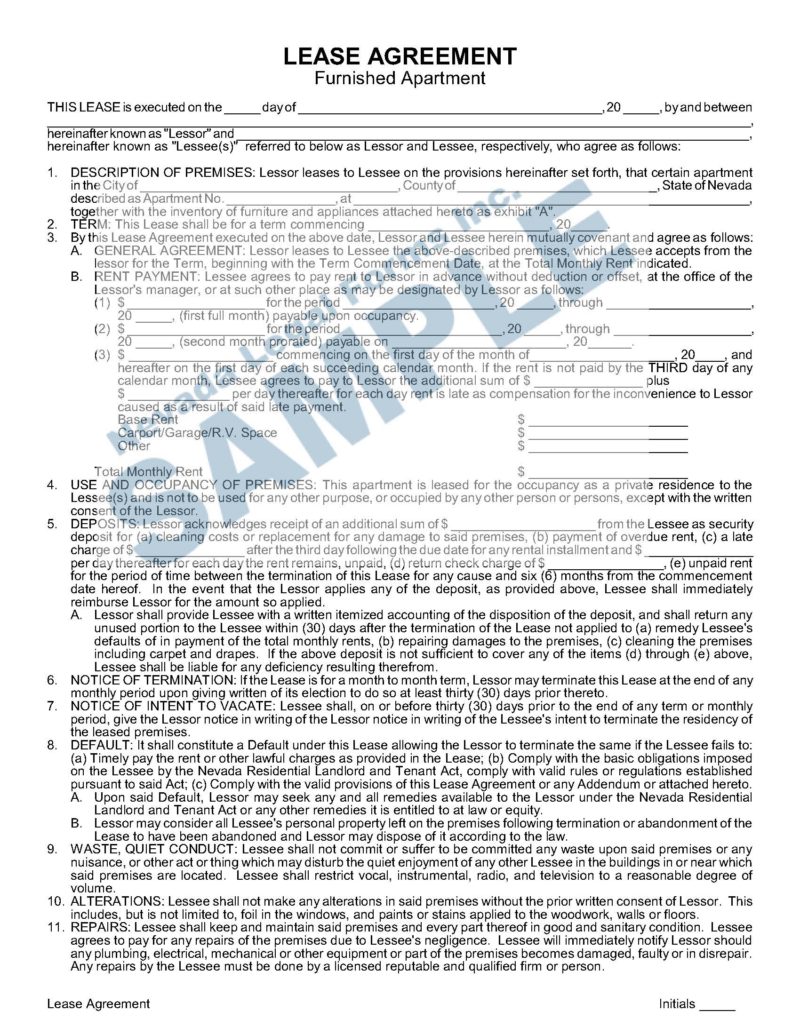 LEASE AGREEMENT (furnished apartment) Nevada Legal Forms & Services