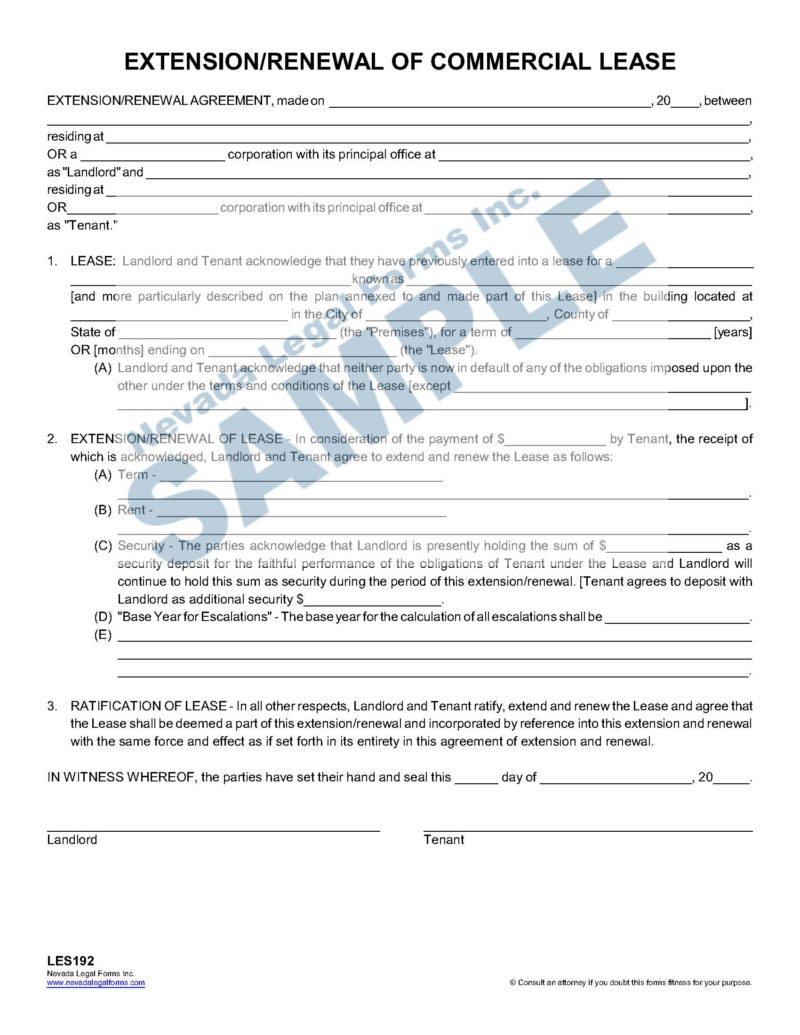 EXTENSION RENEWAL OF COMMERCIAL LEASE Nevada Legal Forms & Services