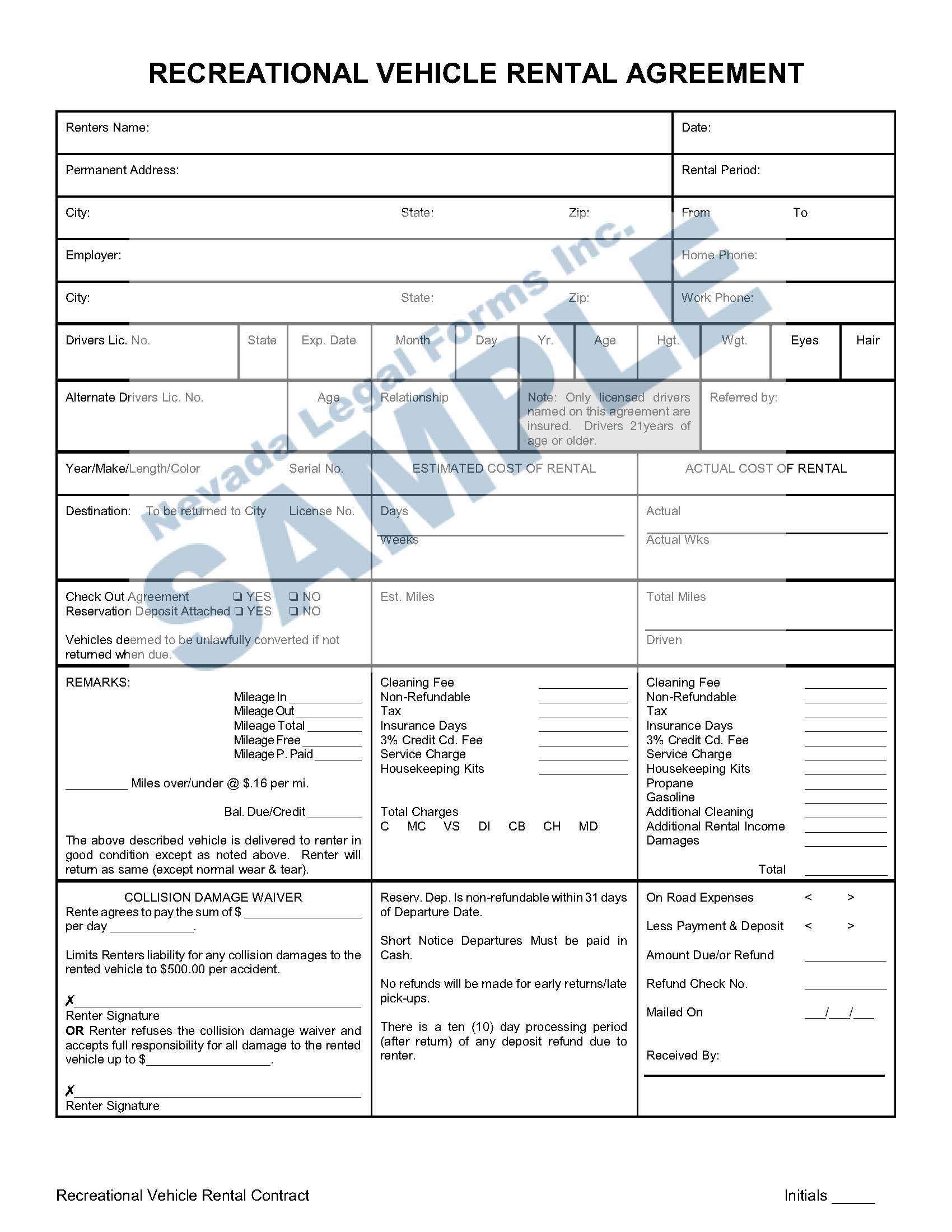 RECREATIONAL VEHICLE RENTAL AGREEMENT Nevada Legal Forms & Services