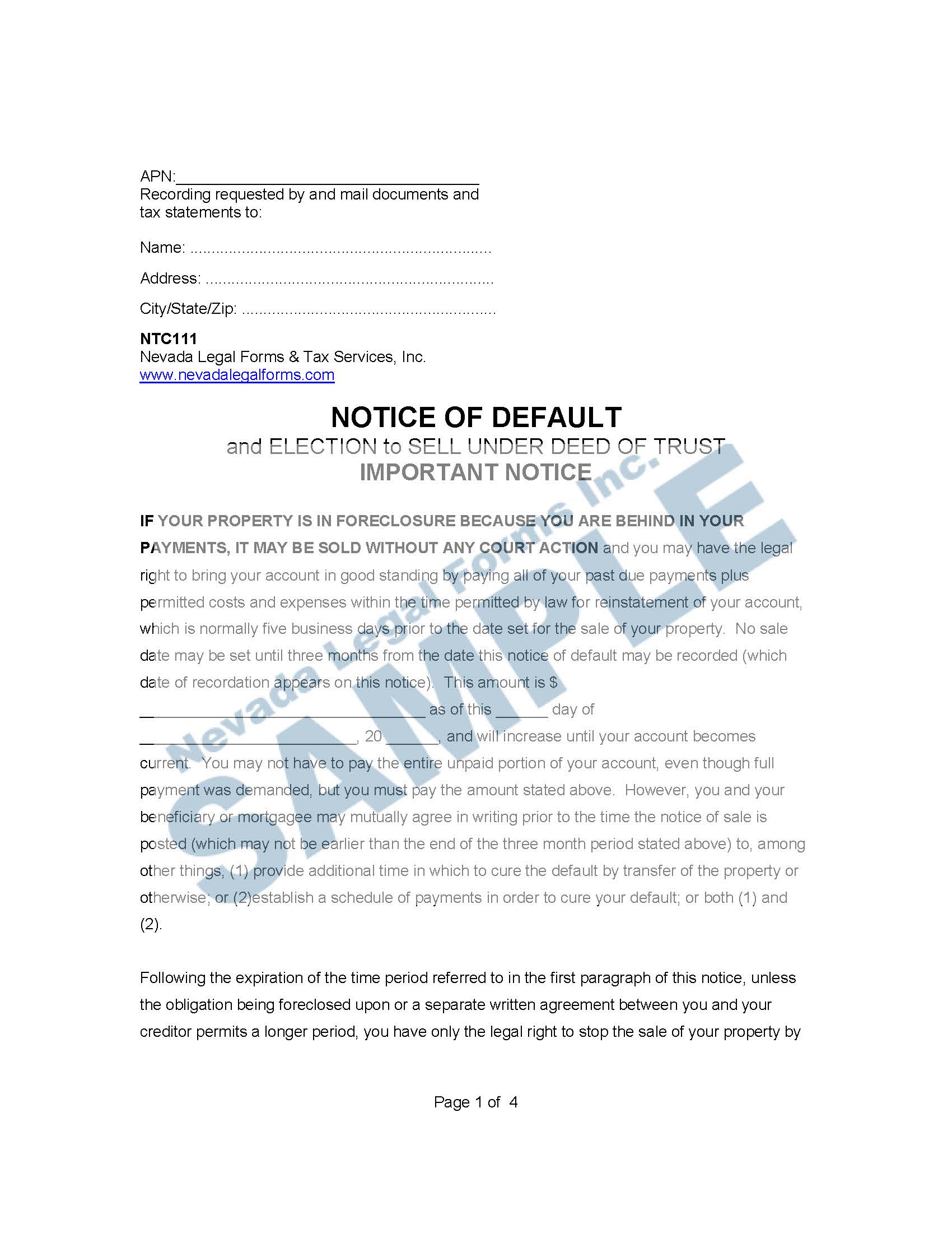 NOTICE OF DEFAULT (and ELECTION to SELL UNDER DEED OF TRUST) Nevada
