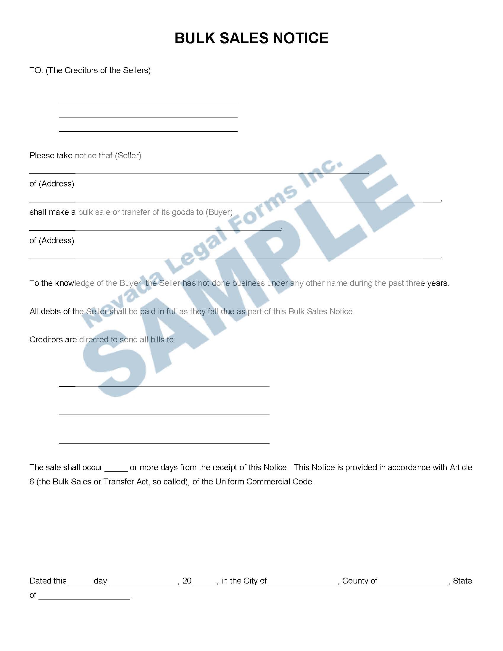 BULK SALES NOTICE Nevada Legal Forms & Services