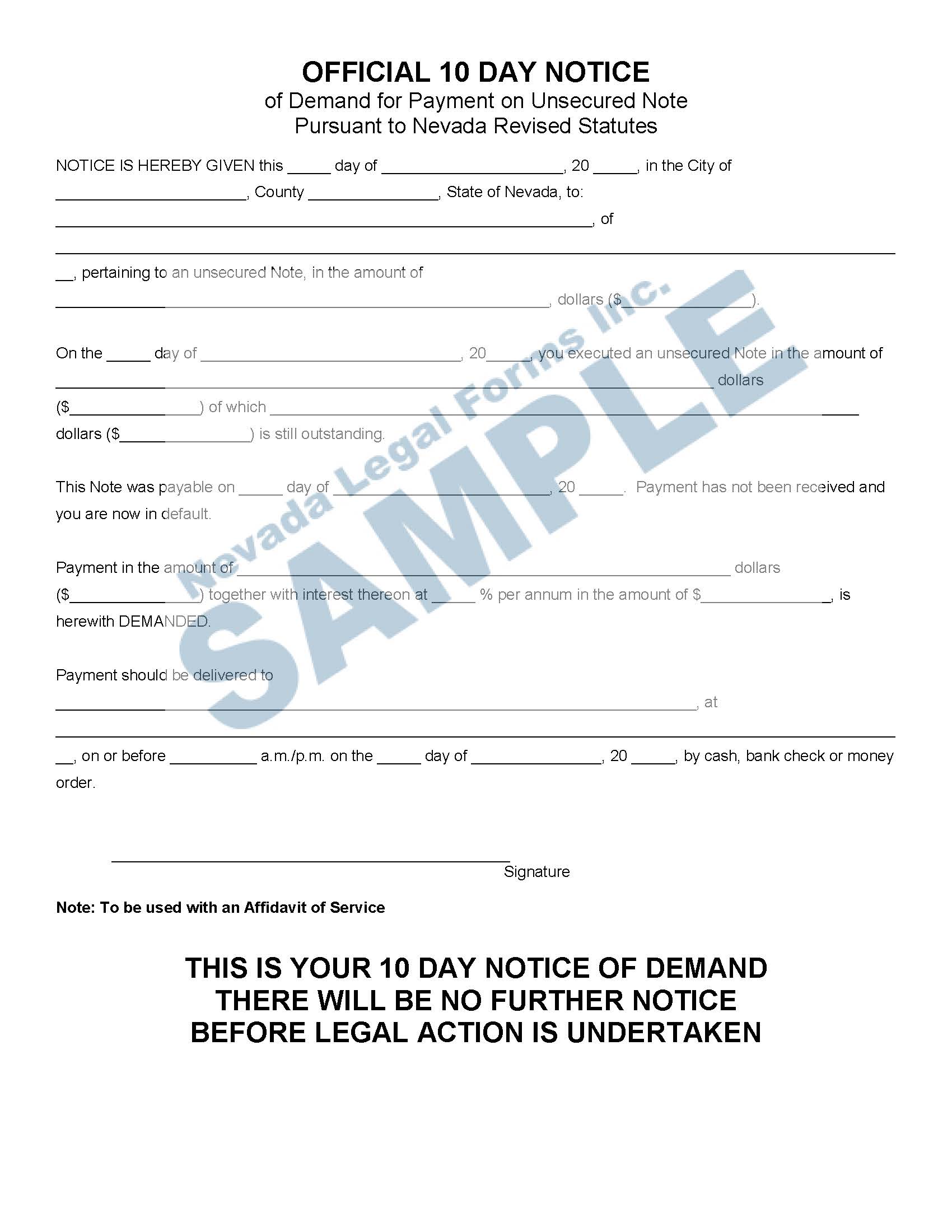 OFFICIAL 10 DAY NOTICE (of Demand for Payment on Unsecured Note