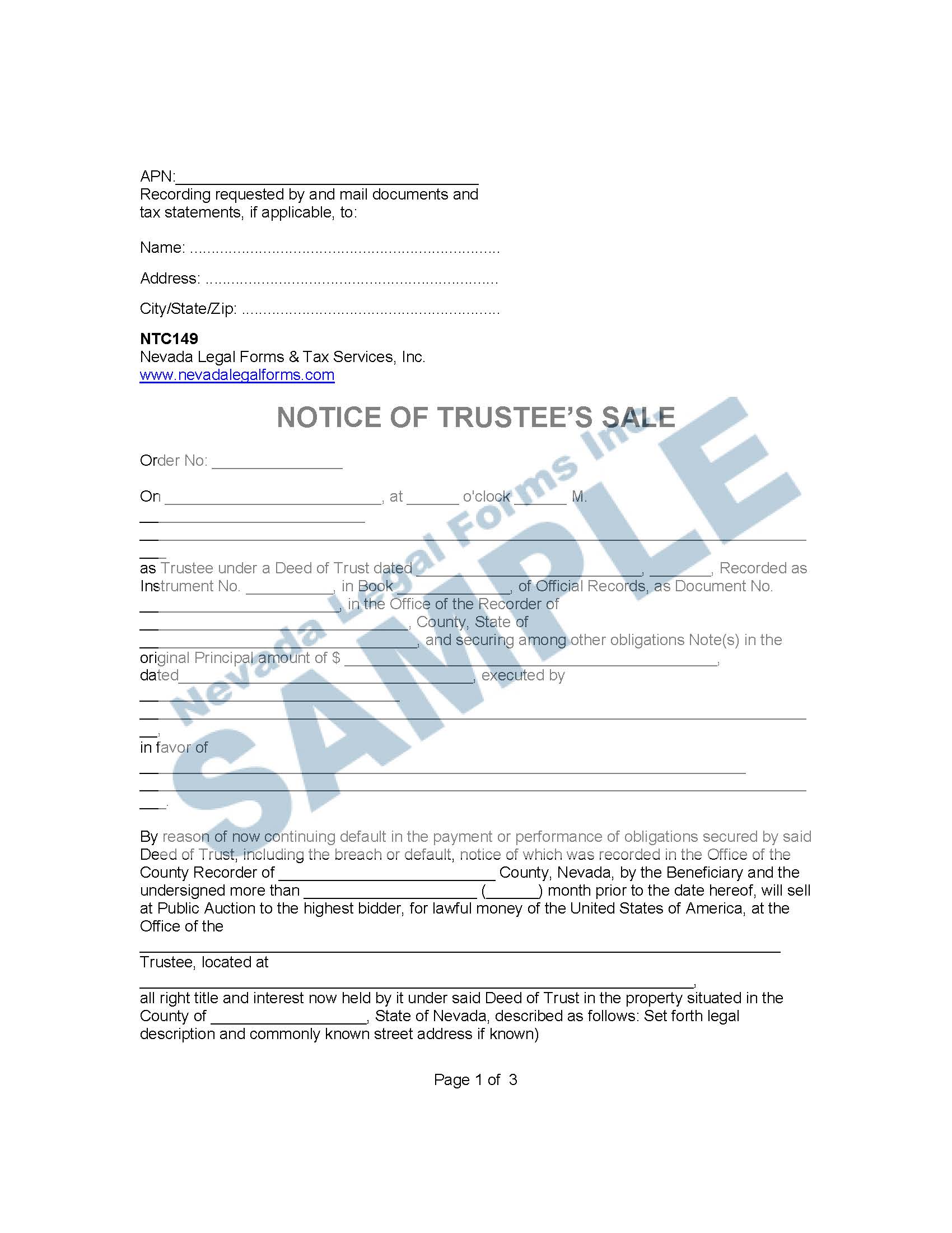 NOTICE OF TRUSTEE’S SALE Nevada Legal Forms & Services