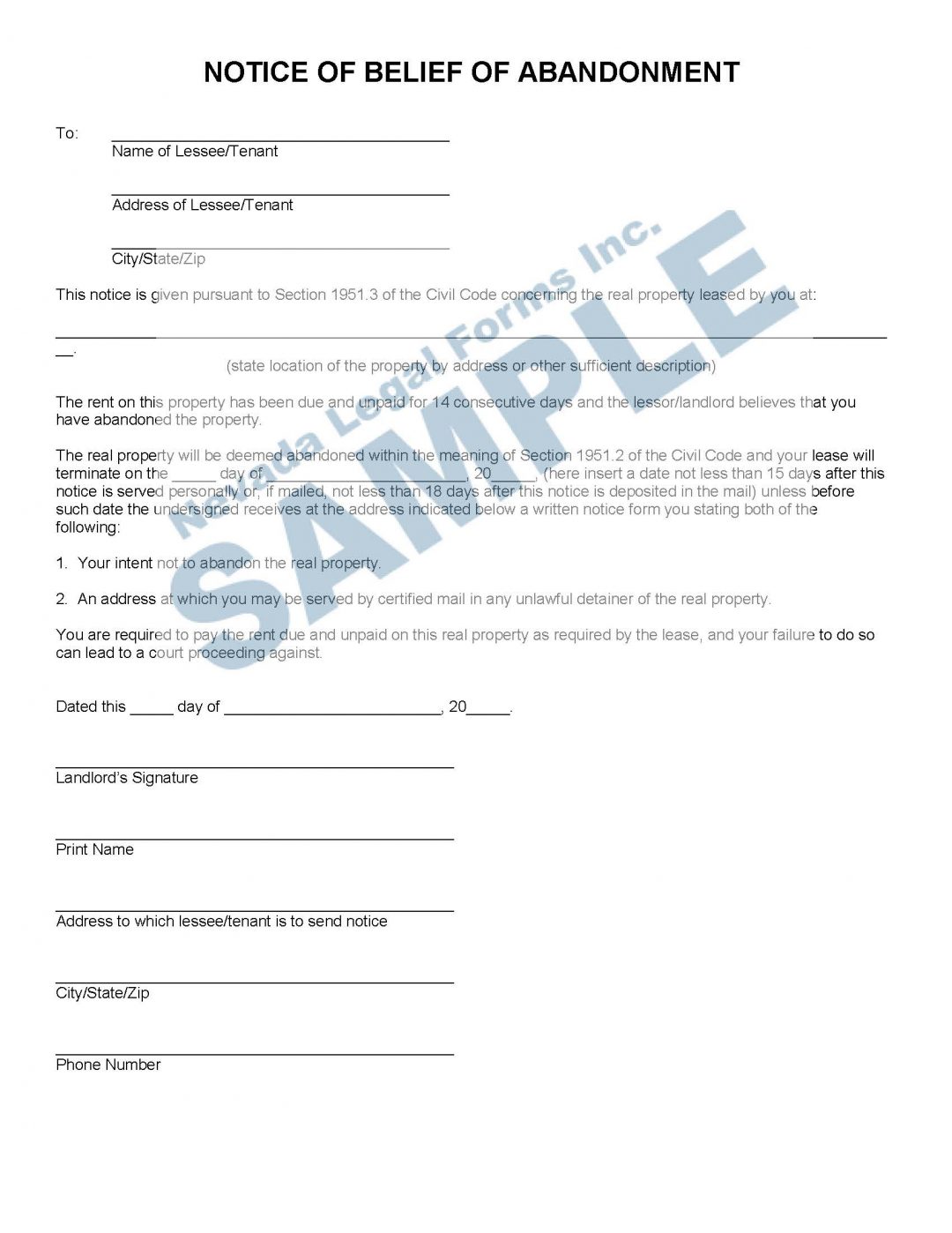 NOTICE OF BELIEF OF ABANDONMENT Nevada Legal Forms & Services