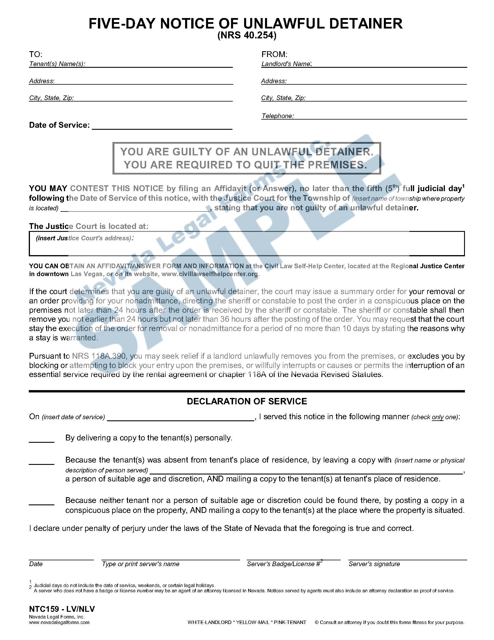 FIVEDAY NOTICE OF UNLAWFUL DETAINER Nevada Legal Forms & Services